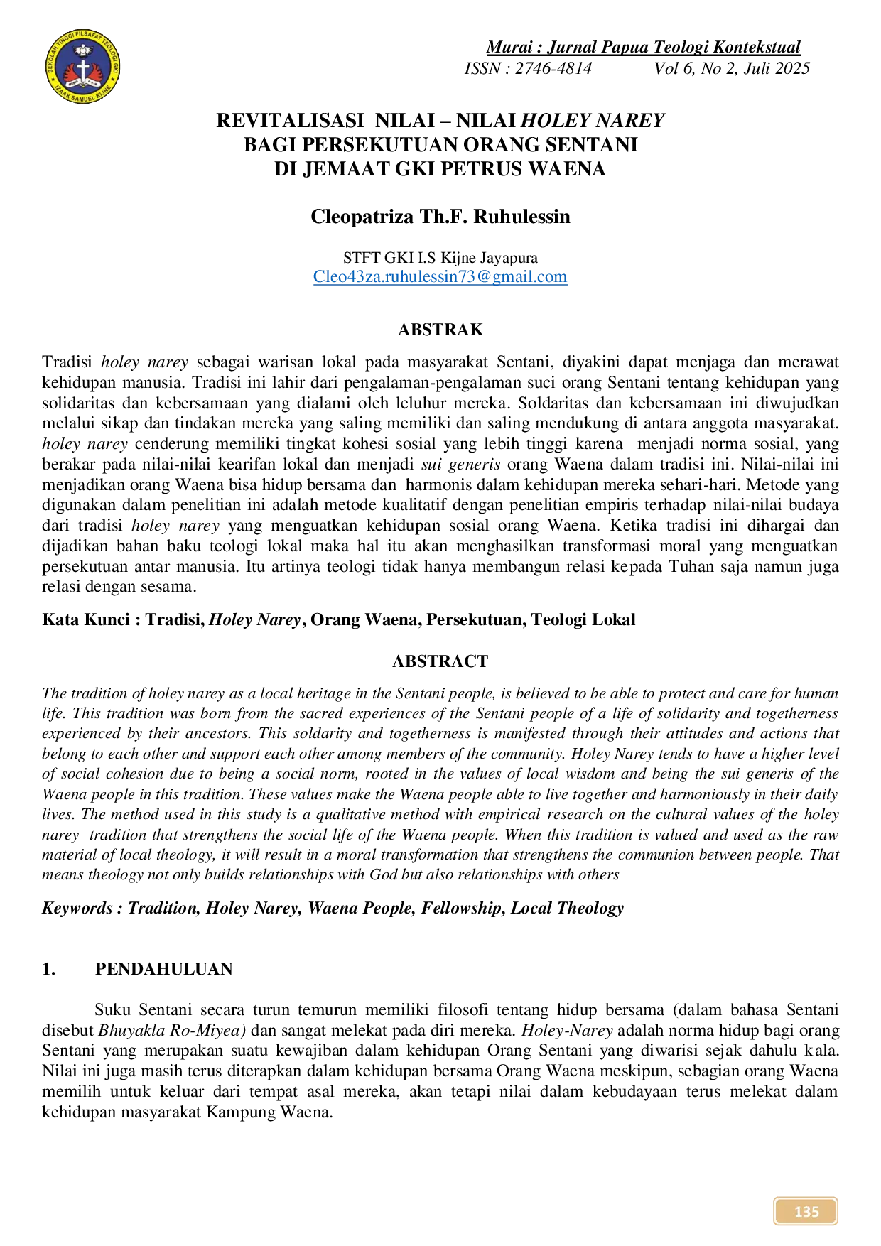 JURIS Revitalisasi Nilai Nilai Holey Narey bagi Persekutuan Orang Sentani di Jemaat GKI Petrus Waena