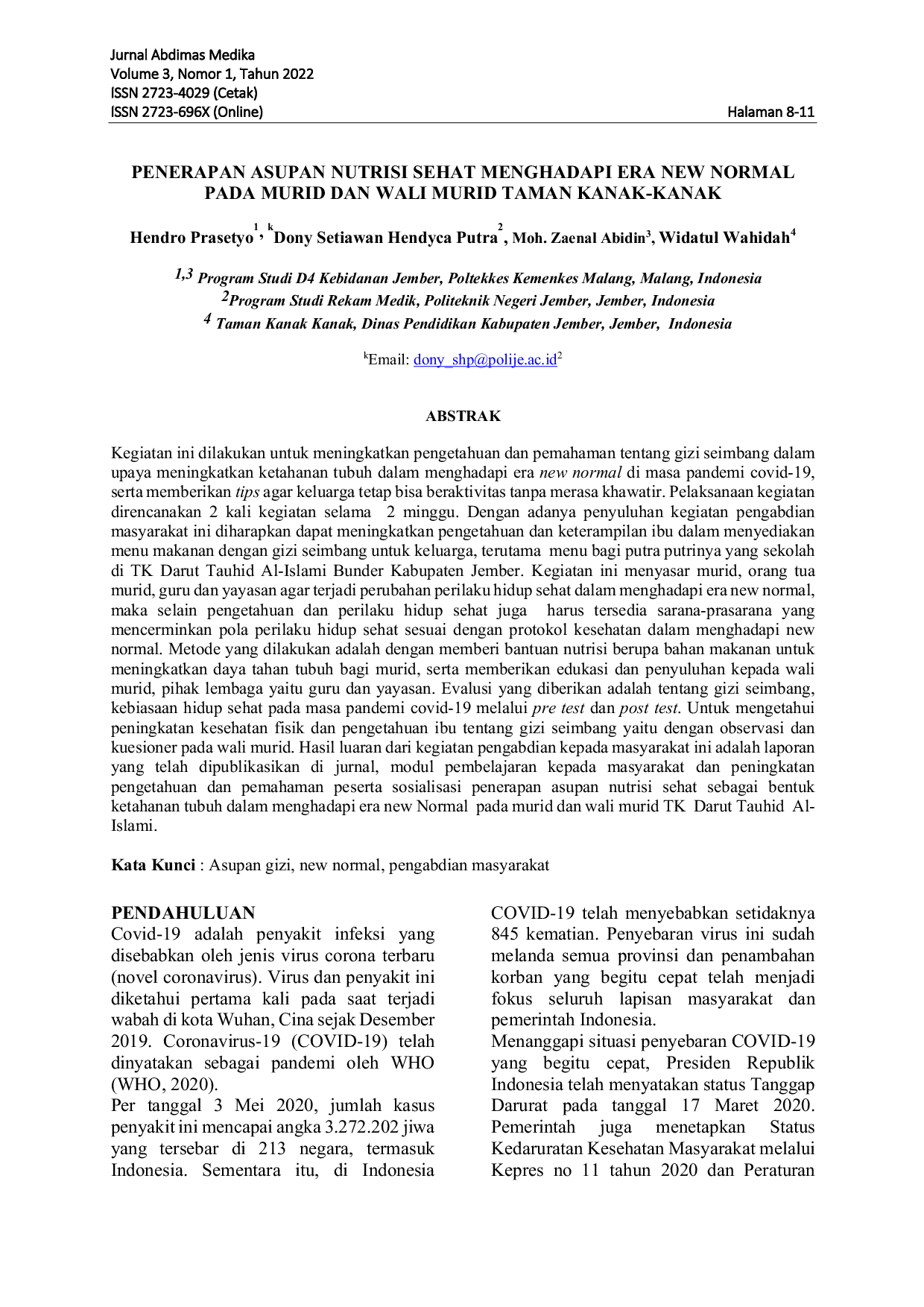 JURIS Penerapan Asupan Nutrisi Sehat Menghadapi Era New Normal Pada Murid Dan Wali Murid Taman Kanak Kanak
