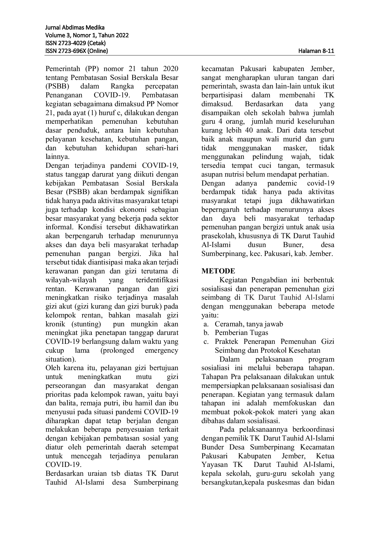 JURIS Penerapan Asupan Nutrisi Sehat Menghadapi Era New Normal Pada Murid Dan Wali Murid Taman Kanak Kanak