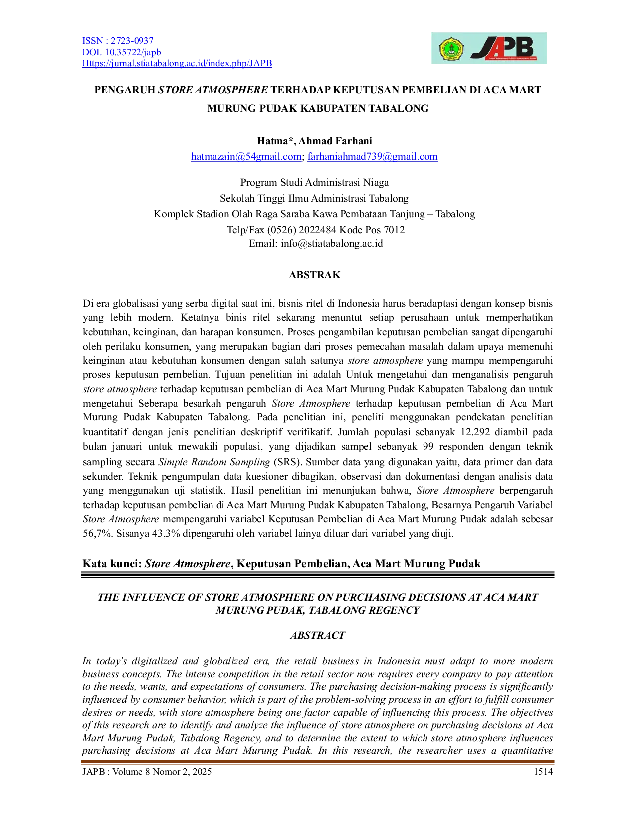 JURIS Pengaruh Store Atmosphere Terhadap Keputusan Pembelian Di Aca Mart Murung Pudak Kabupaten Tabalong