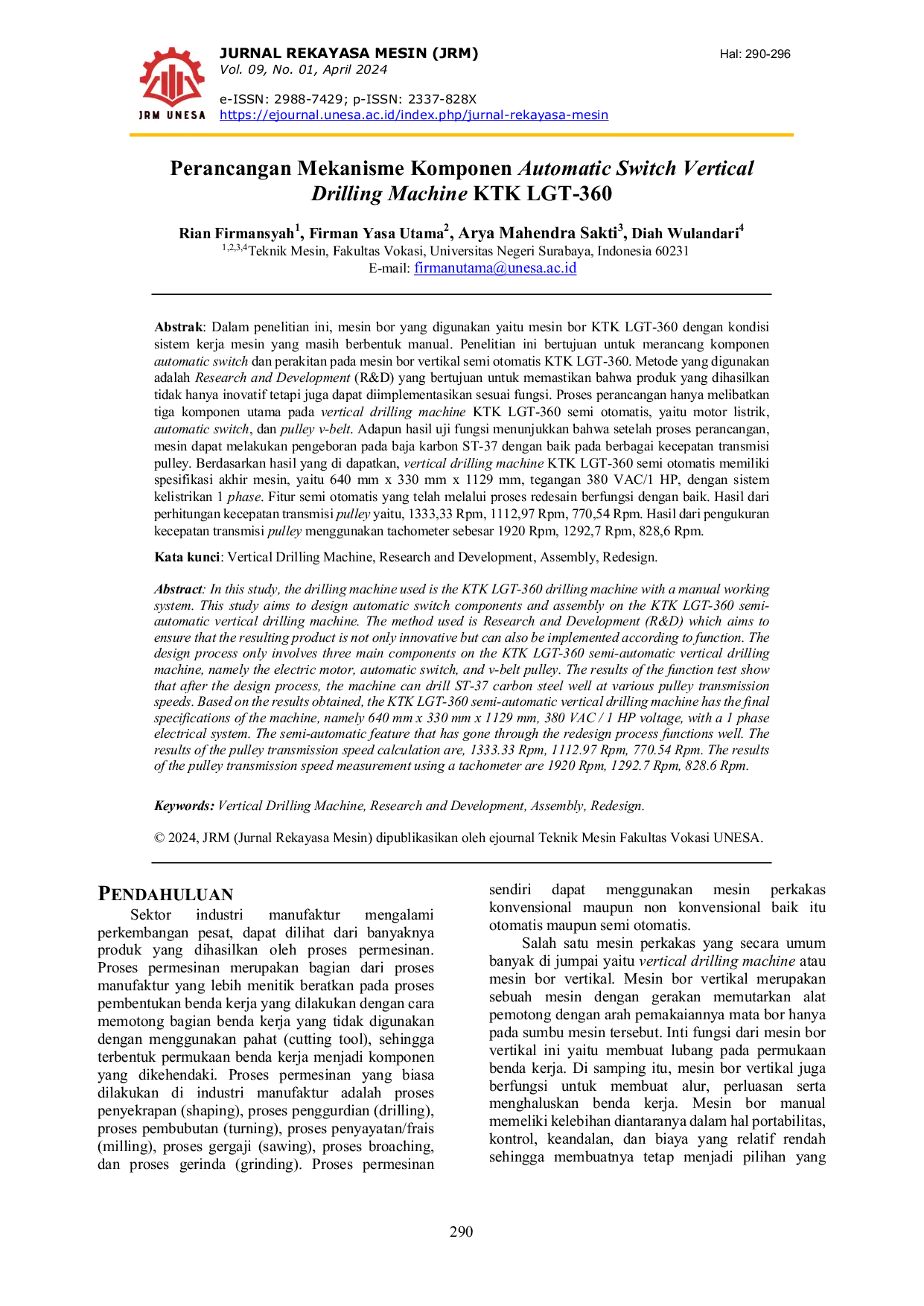 JURIS Perancangan Mekanisme Komponen Automatic Switch Vertical Drilling Machine KTK LGT 360