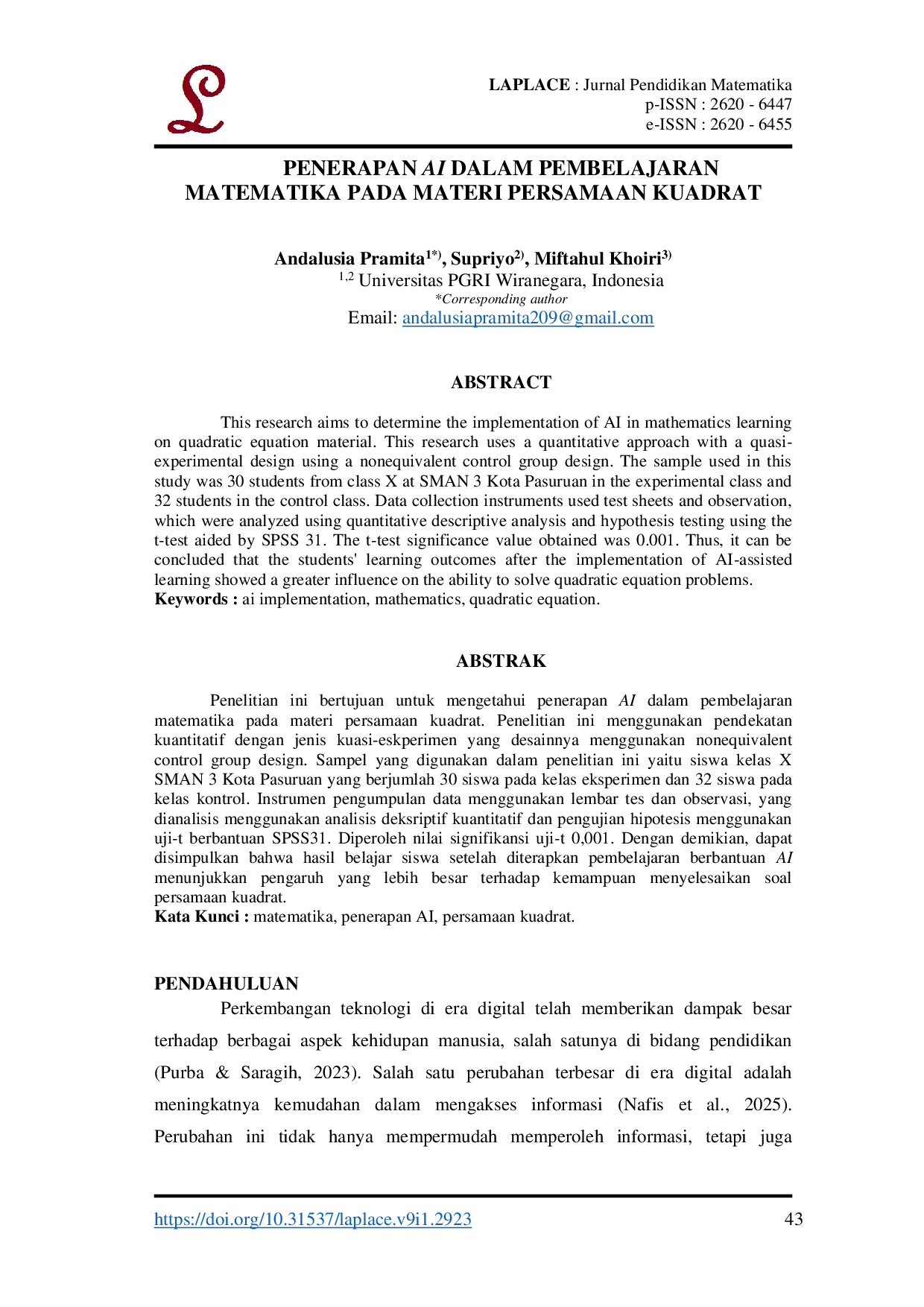 JURIS Penerapan AI dalam Pembelajaran Matematika pada Materi Persamaan Kuadrat