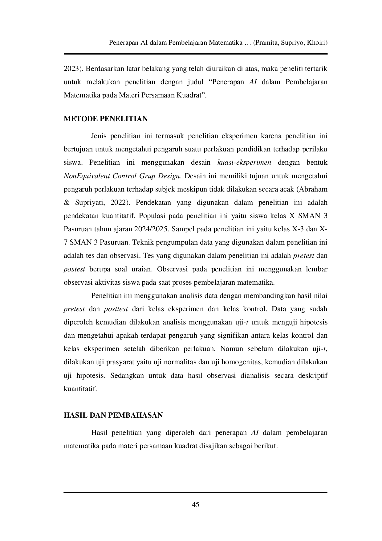 JURIS Penerapan AI dalam Pembelajaran Matematika pada Materi Persamaan Kuadrat