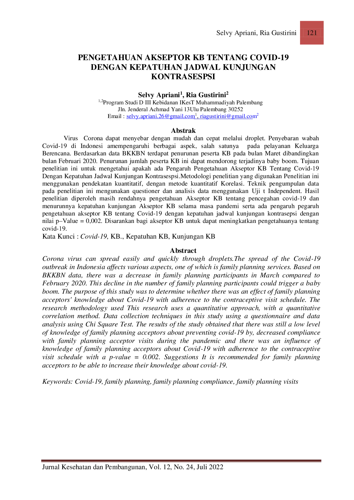 JURIS Pengetahuan Akseptor KB Tentang Covid 19 Dengan Kepatuhan Jadwal Kunjungan Kontrasespsi