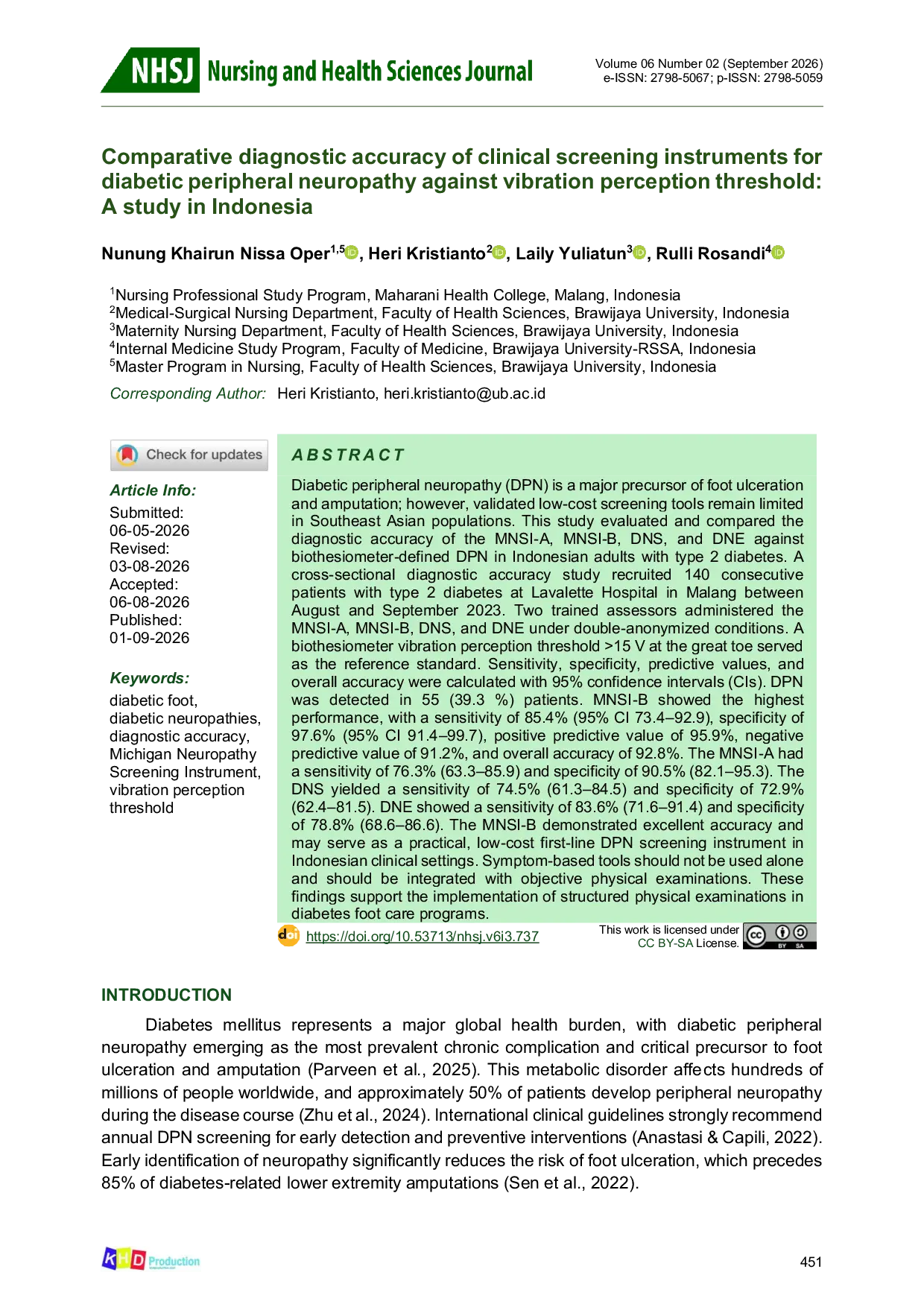 JURIS Comparative diagnostic accuracy of clinical screening instruments for diabetic peripheral neuropathy against vibration perception threshold A study in Indonesia