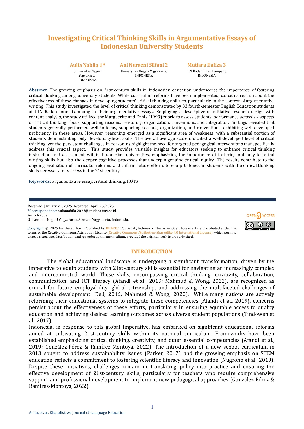 JURIS Investigating Critical Thinking Skills in Argumentative Essays of Indonesian University Students
