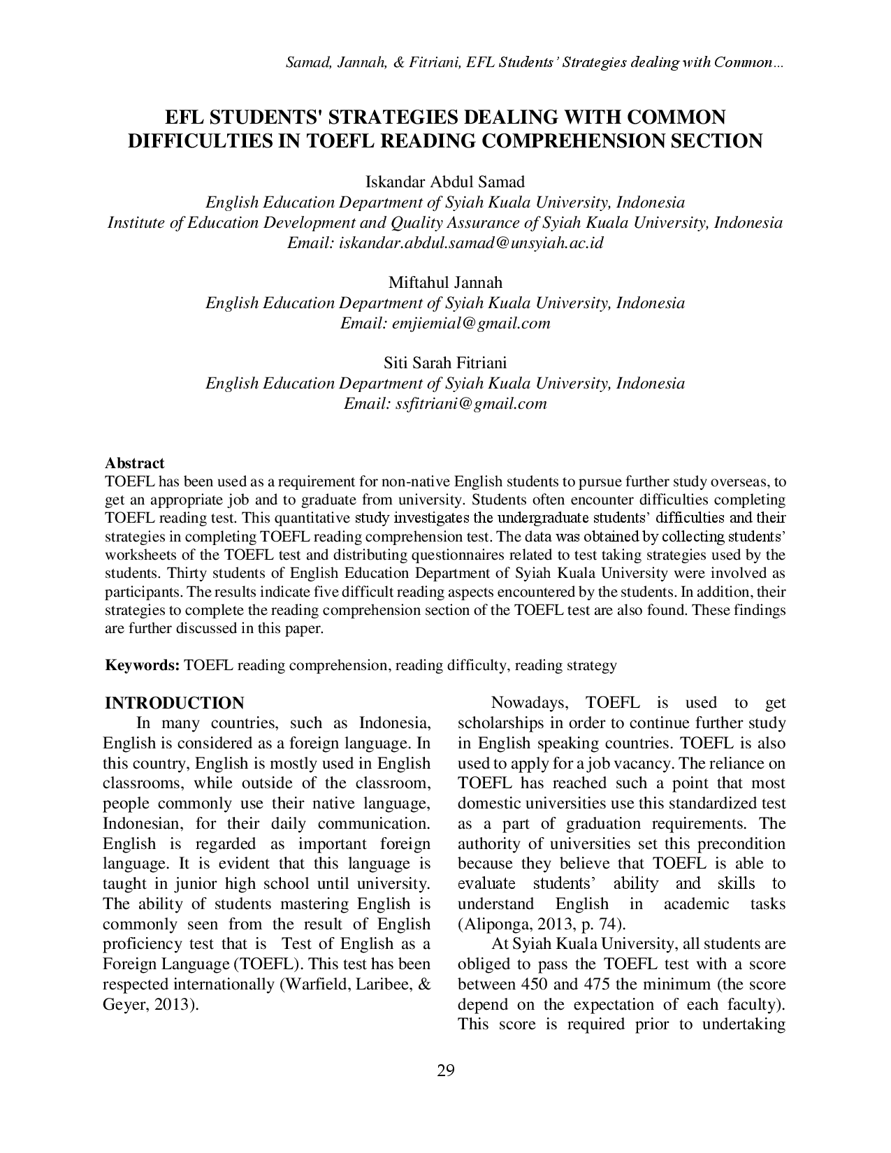 juris Efl Students Strategies Dealing with Common Difficulties in TOEFL Reading Comprehension Section