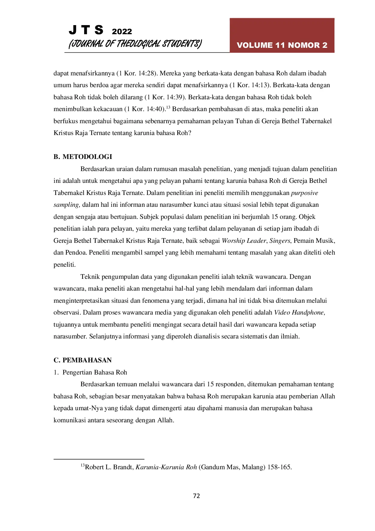 JURIS Pemahaman Pelayan Tentang Karunia Bahasa Roh