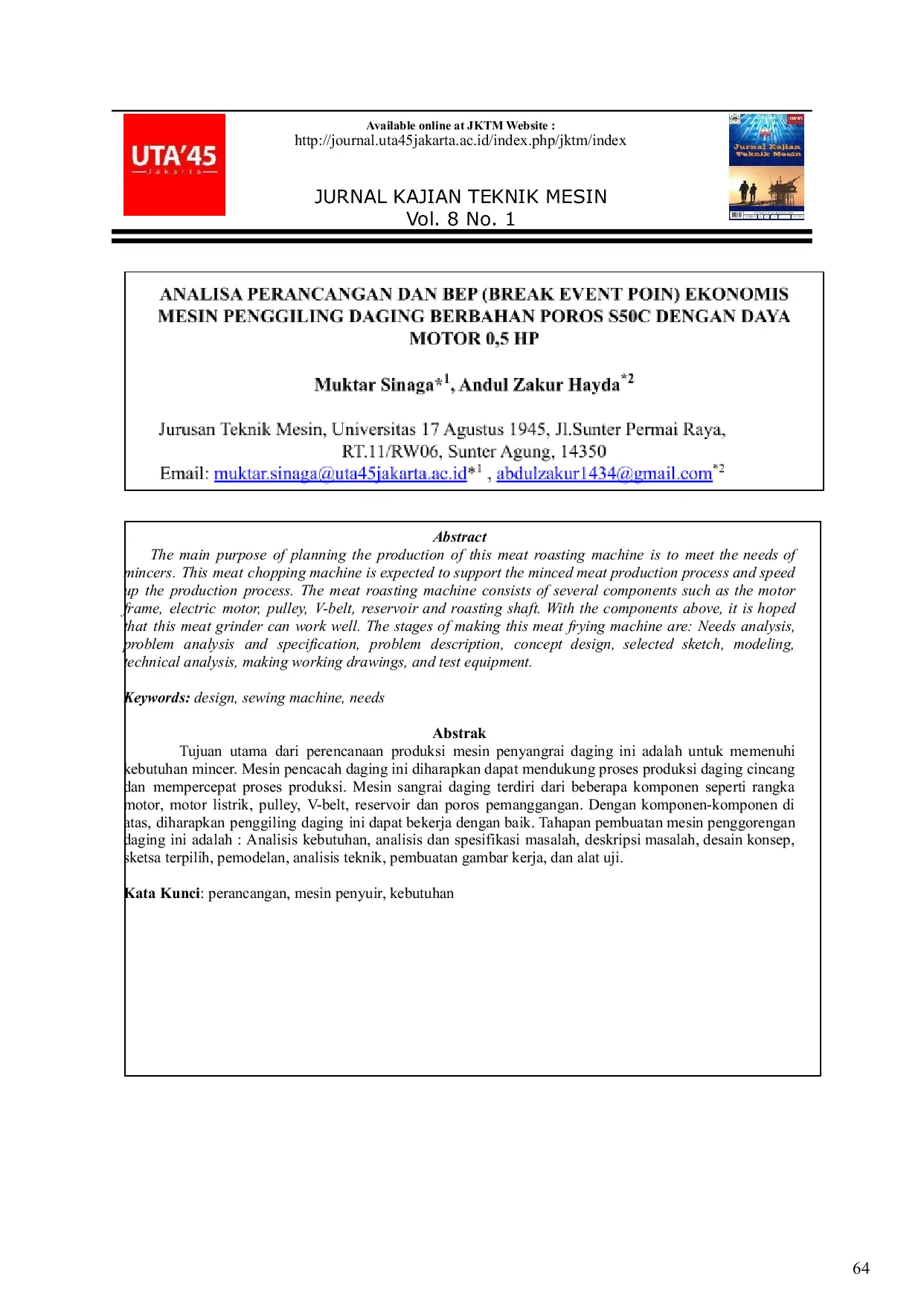 JURIS Analisa Perancangan dan BEP Ekonomis Mesin Penggiling Daging berbahan Poros S50C dengan Daya Motor 0 5 HP