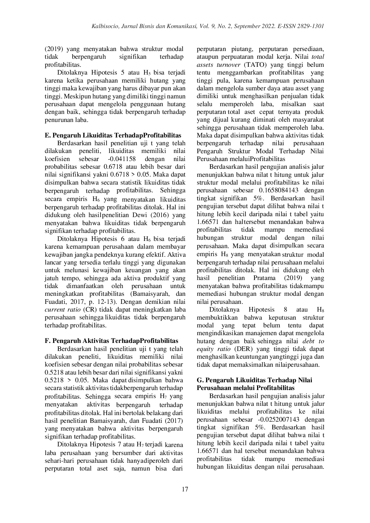 JURIS Determinan Nilai Perusahaan dengan Profitabilitas Sebagai Variabel Intervening pada Perusahaan Sub Sektor Makanan dan Minuman