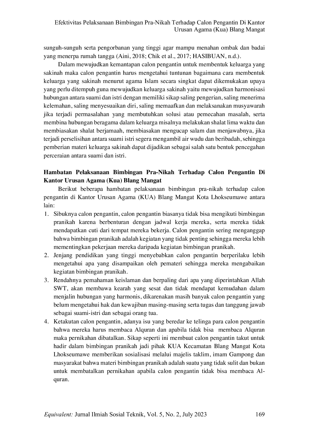 JURIS Efektivitas Pelaksanaan Bimbingan Pra Nikah Terhadap Calon Pengantin Di Kantor Urusan Agama Kua Blang Mangat