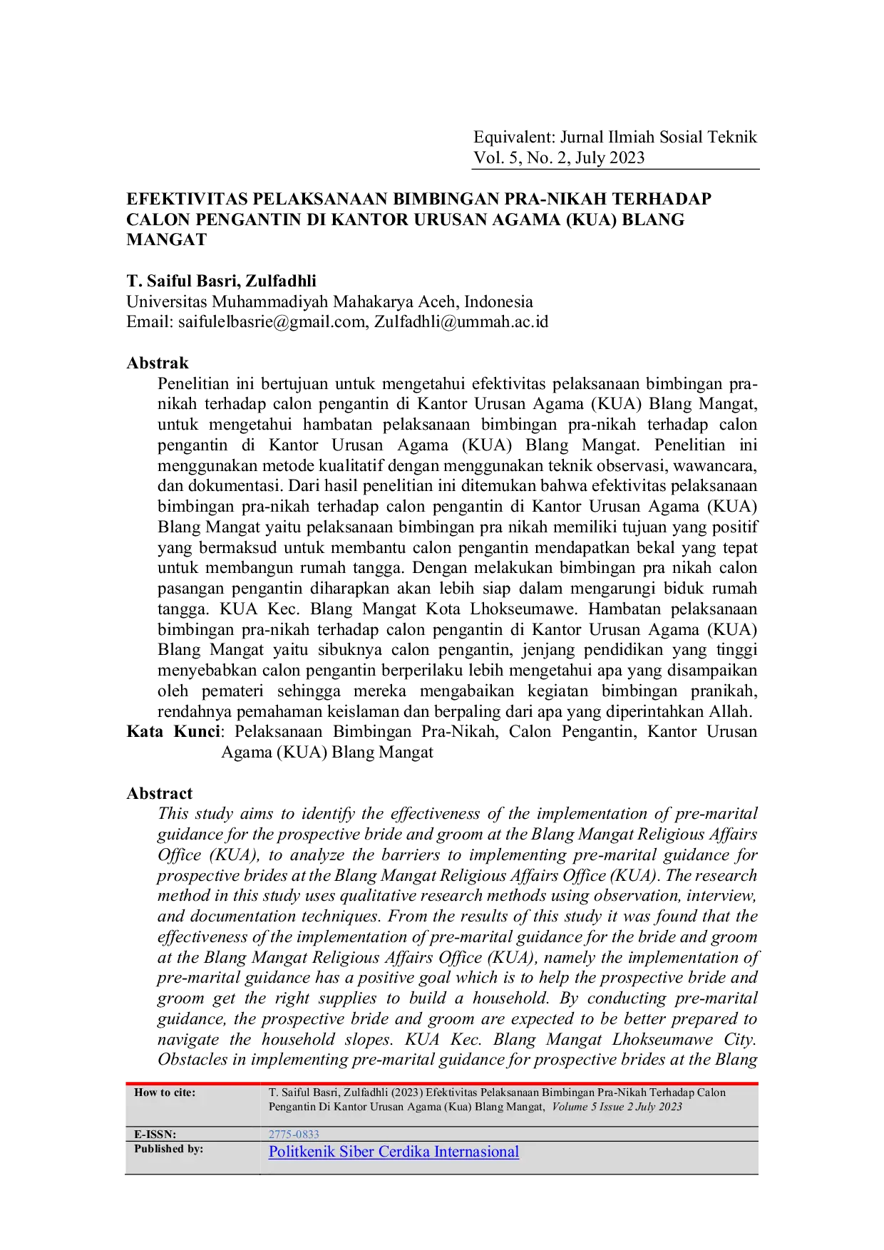 JURIS Efektivitas Pelaksanaan Bimbingan Pra Nikah Terhadap Calon Pengantin Di Kantor Urusan Agama Kua Blang Mangat