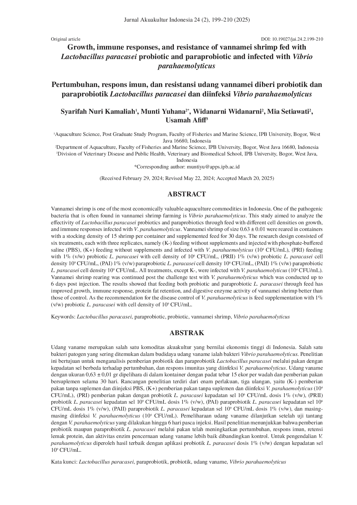 JURIS Growth immune responses and resistance of vannamei shrimp fed with Lactobacillus paracasei probiotic and paraprobiotic and infected with Vibrio parahaemolyticus