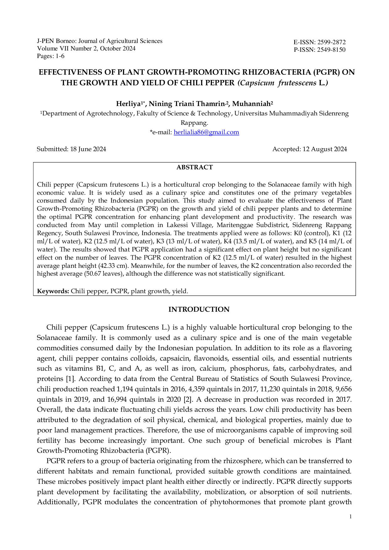 JURIS EFFECTIVENESS OF PLANT GROWTH PROMOTING RHIZOBACTERIA PGPR ON THE GROWTH AND YIELD OF CHILI PEPPER Capsicum frutesscens L