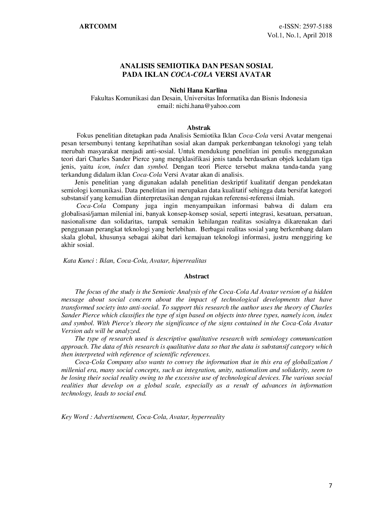 JURIS Analisis Semiotika Dan Pesan Sosial Pada Iklan Coca Cola Versi Avatar