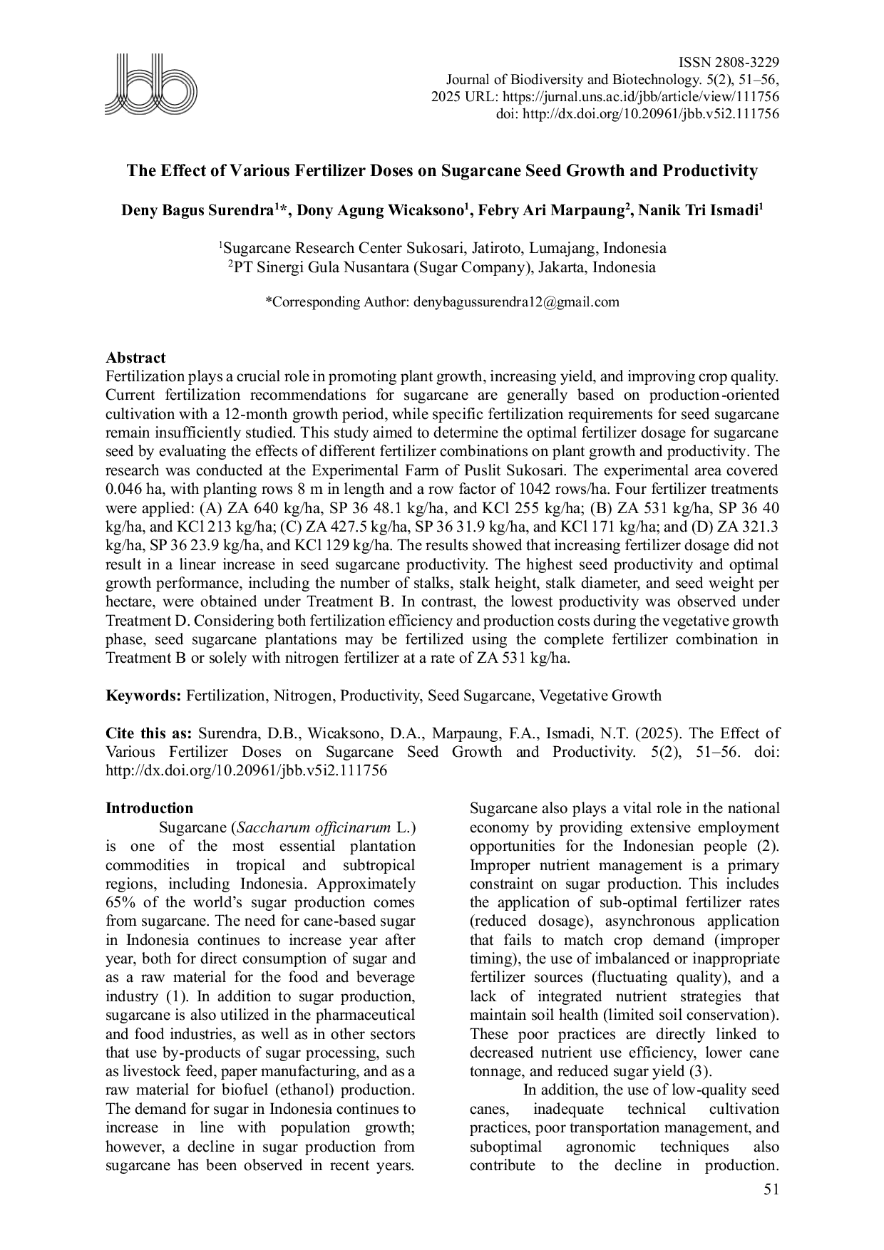 JURIS The Effect of Various Fertilizer Doses on Sugarcane Seed Growth and Productivity
