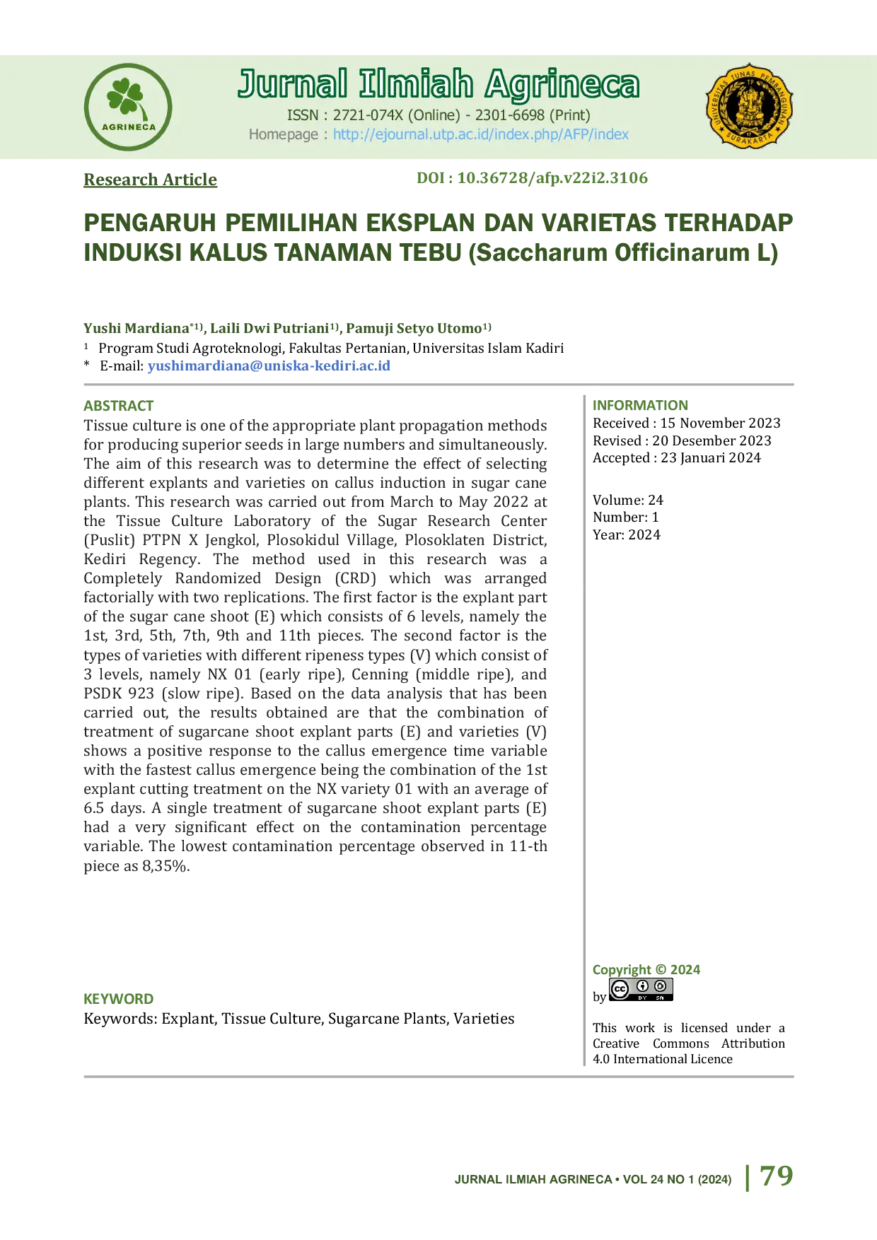 JURIS Pengaruh Pemilihan Eksplan Dan Varietas Terhadap Induksi Kalus Tanaman Tebu Saccharum Officinarum L