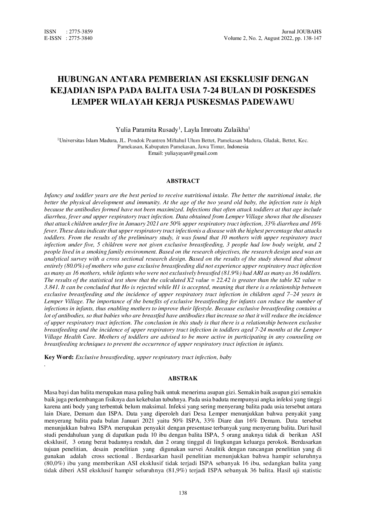 JURIS Relationship Between Exclusive Breastfeeding and the Occurrence of Pneumonia in Children Aged 7 24 Months at Lemper Health Center in the Work Area of Pudewawu Health Center
