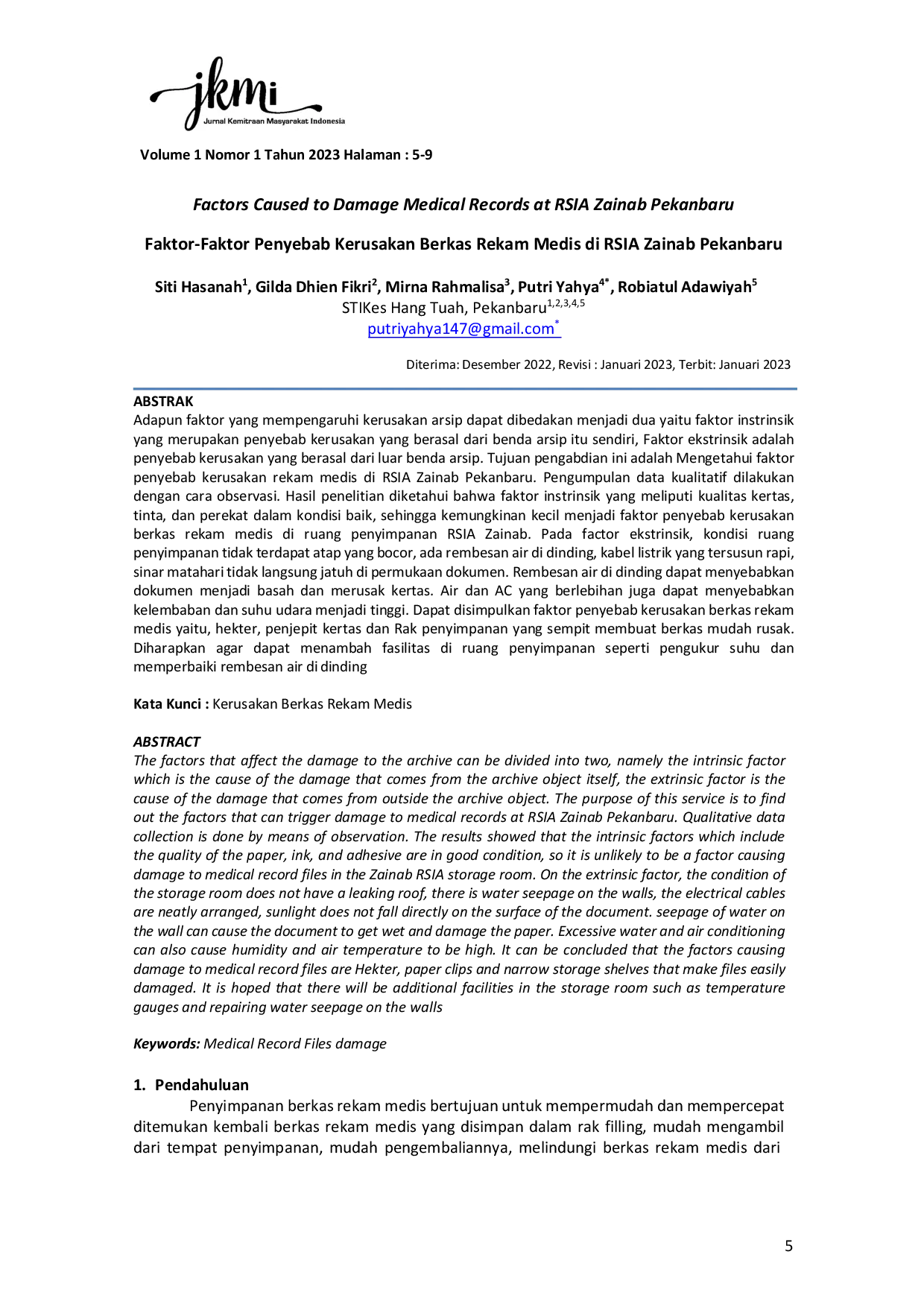JURIS Faktor Faktor Penyebab Kerusakan Berkas Rekam Medis di RSIA Zainab Pekanbaru