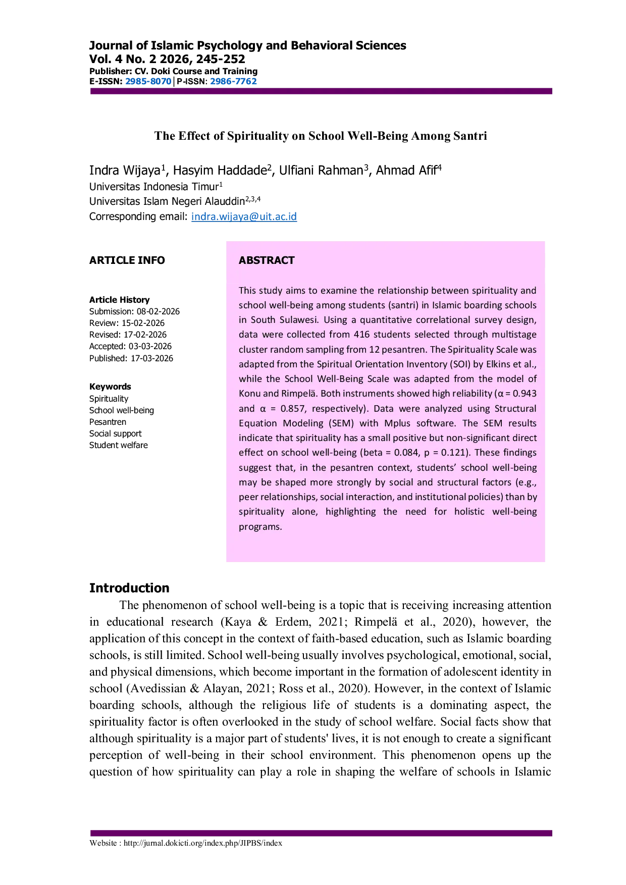 JURIS The Effect of Spirituality on School Well Being Among Santri