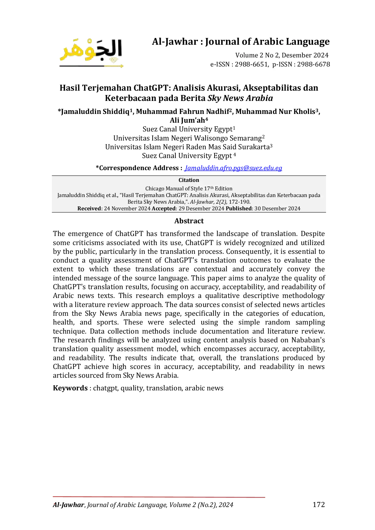 JURIS Hasil Terjemahan ChatGPT Analisis Akurasi Akseptabilitas dan Keterbacaan pada Berita Sky News Arabia