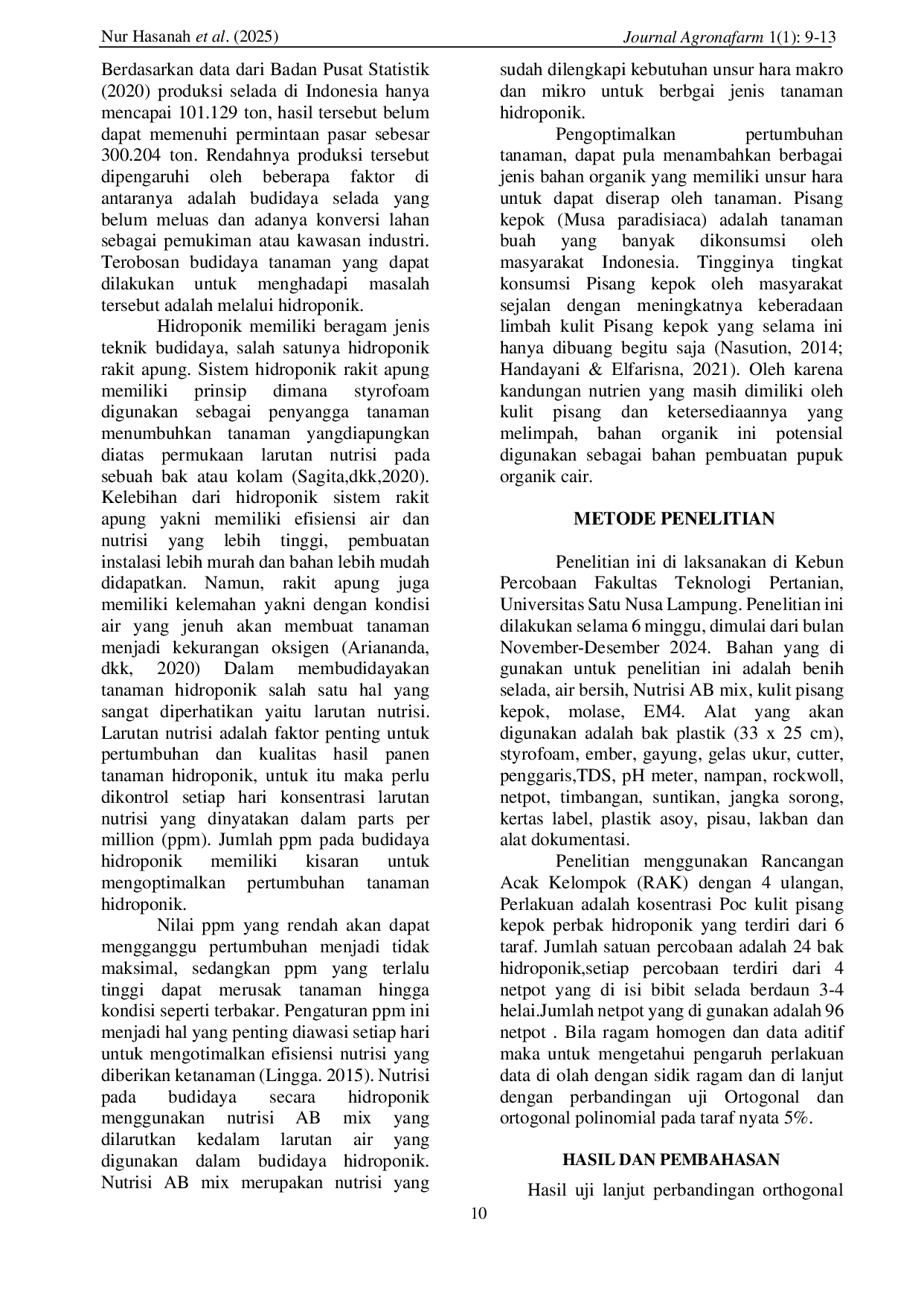 JURIS Pengaruh Konsentrasi Poc Kulit Pisang Kepok Terhadap Pertumbuhan Tanaman Selada Keriting Lactuca Sativa L Pada Sistem Hidroponik Rakit Apung