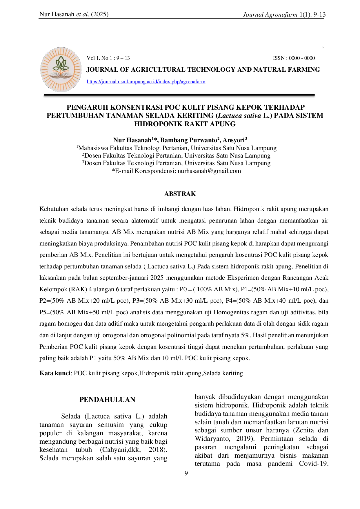 JURIS Pengaruh Konsentrasi Poc Kulit Pisang Kepok Terhadap Pertumbuhan Tanaman Selada Keriting Lactuca Sativa L Pada Sistem Hidroponik Rakit Apung