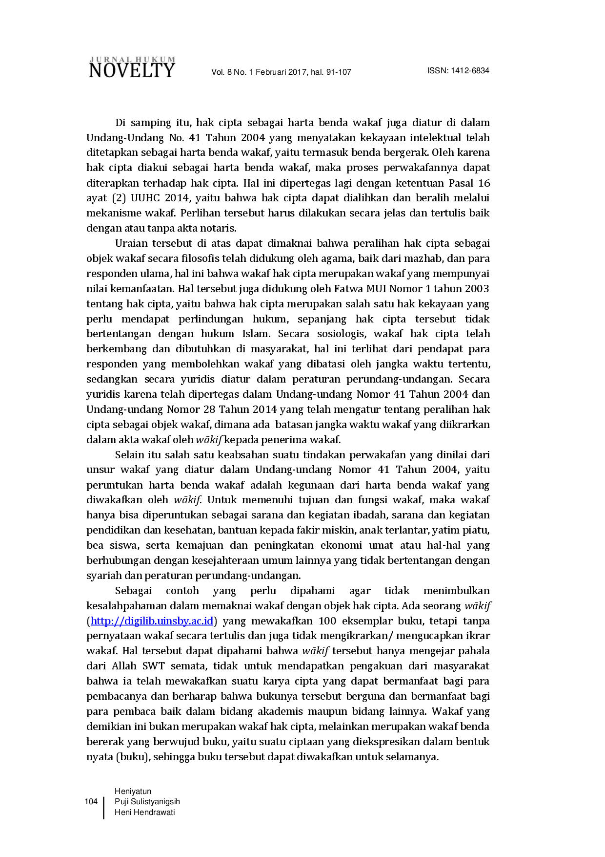JURIS Kajian Yuridis Peralihan Hak Cipta Sebagai Objek Wakaf