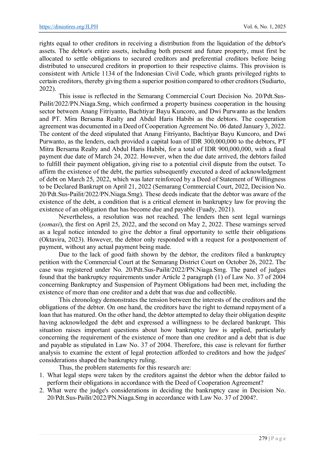JURIS A Legal Analysis of Simple Verification and Legal Protection for Concurrent Creditors in the Bankruptcy of a Developer A Case Study of Decision No 20 Pdt Sus Pailit 2022 PN Niaga Smg