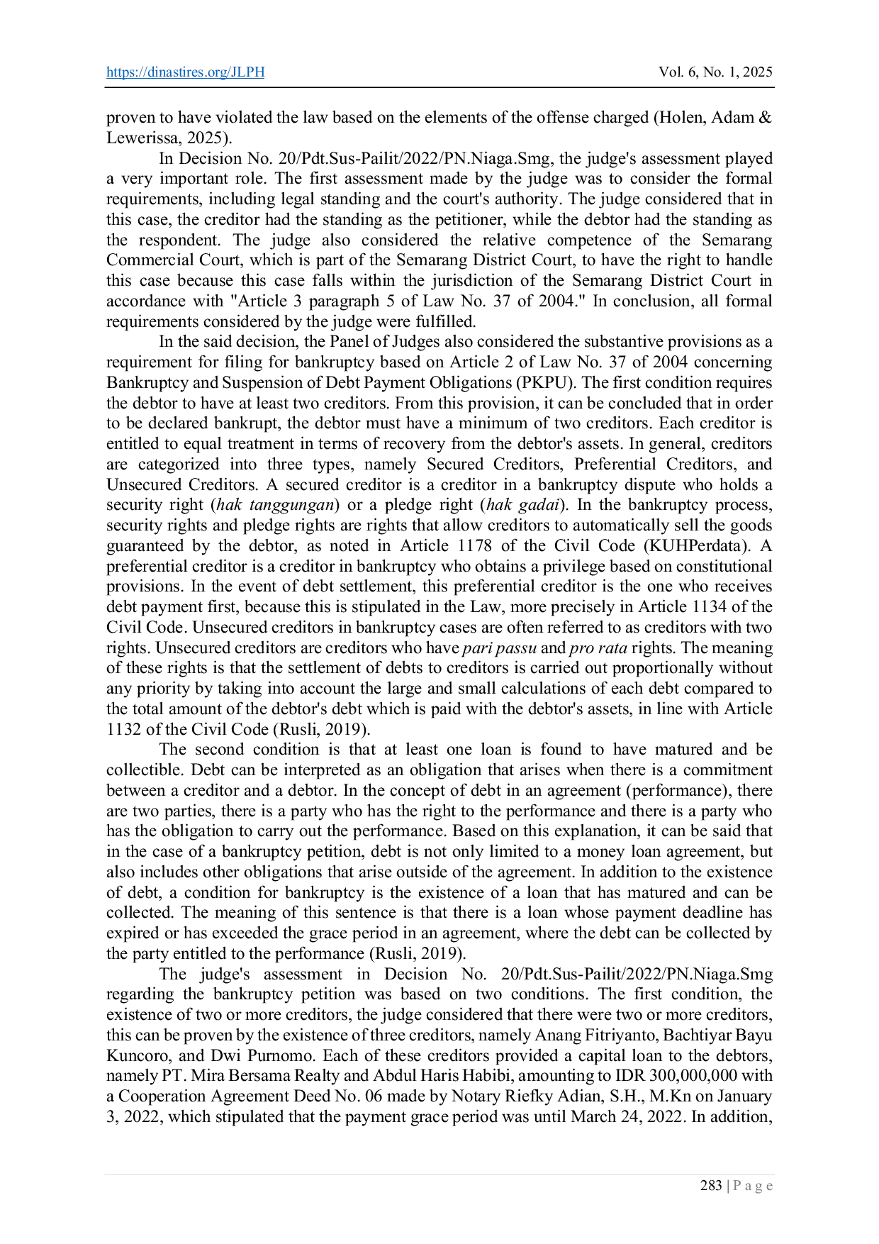 JURIS A Legal Analysis of Simple Verification and Legal Protection for Concurrent Creditors in the Bankruptcy of a Developer A Case Study of Decision No 20 Pdt Sus Pailit 2022 PN Niaga Smg