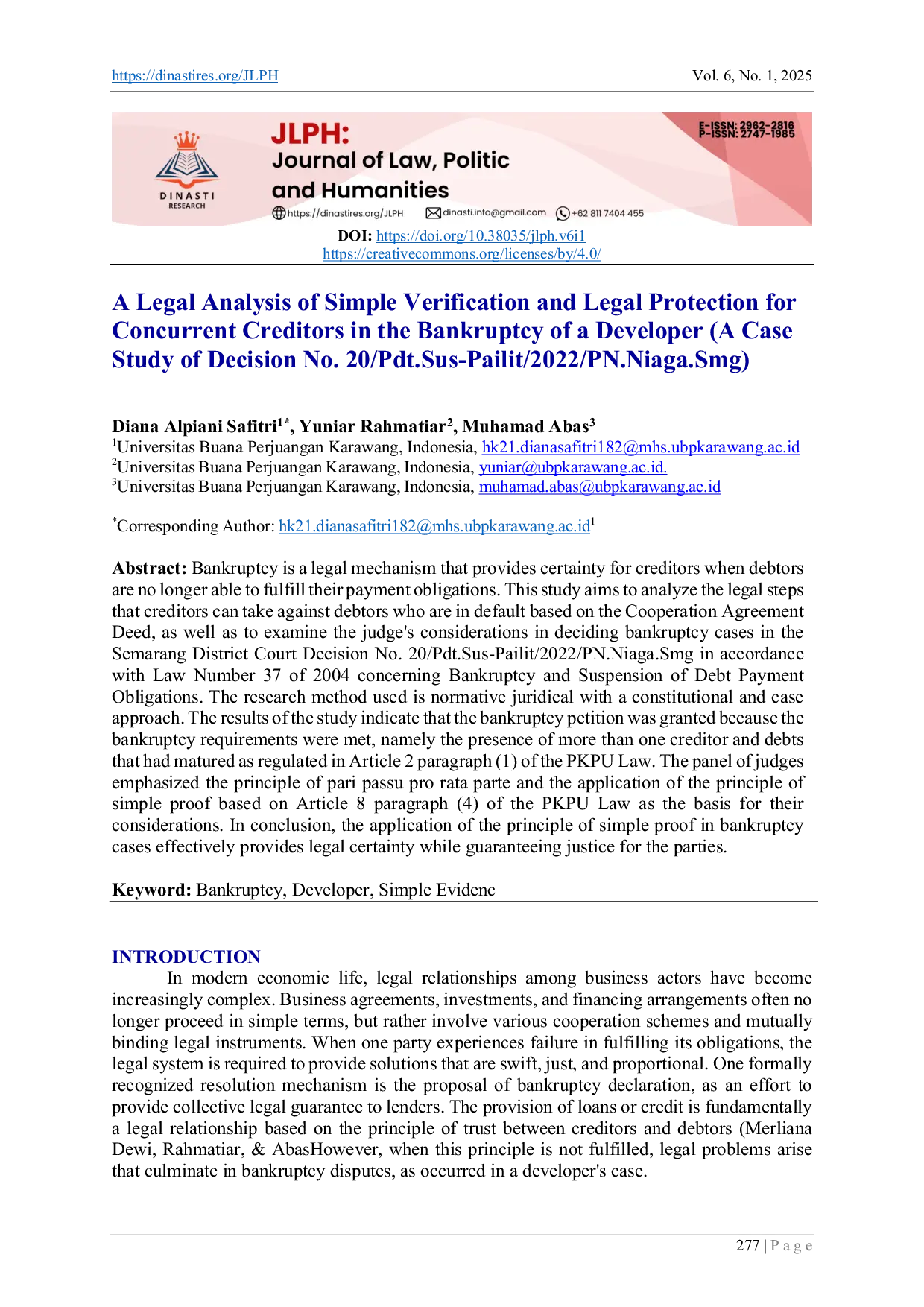 JURIS A Legal Analysis of Simple Verification and Legal Protection for Concurrent Creditors in the Bankruptcy of a Developer A Case Study of Decision No 20 Pdt Sus Pailit 2022 PN Niaga Smg