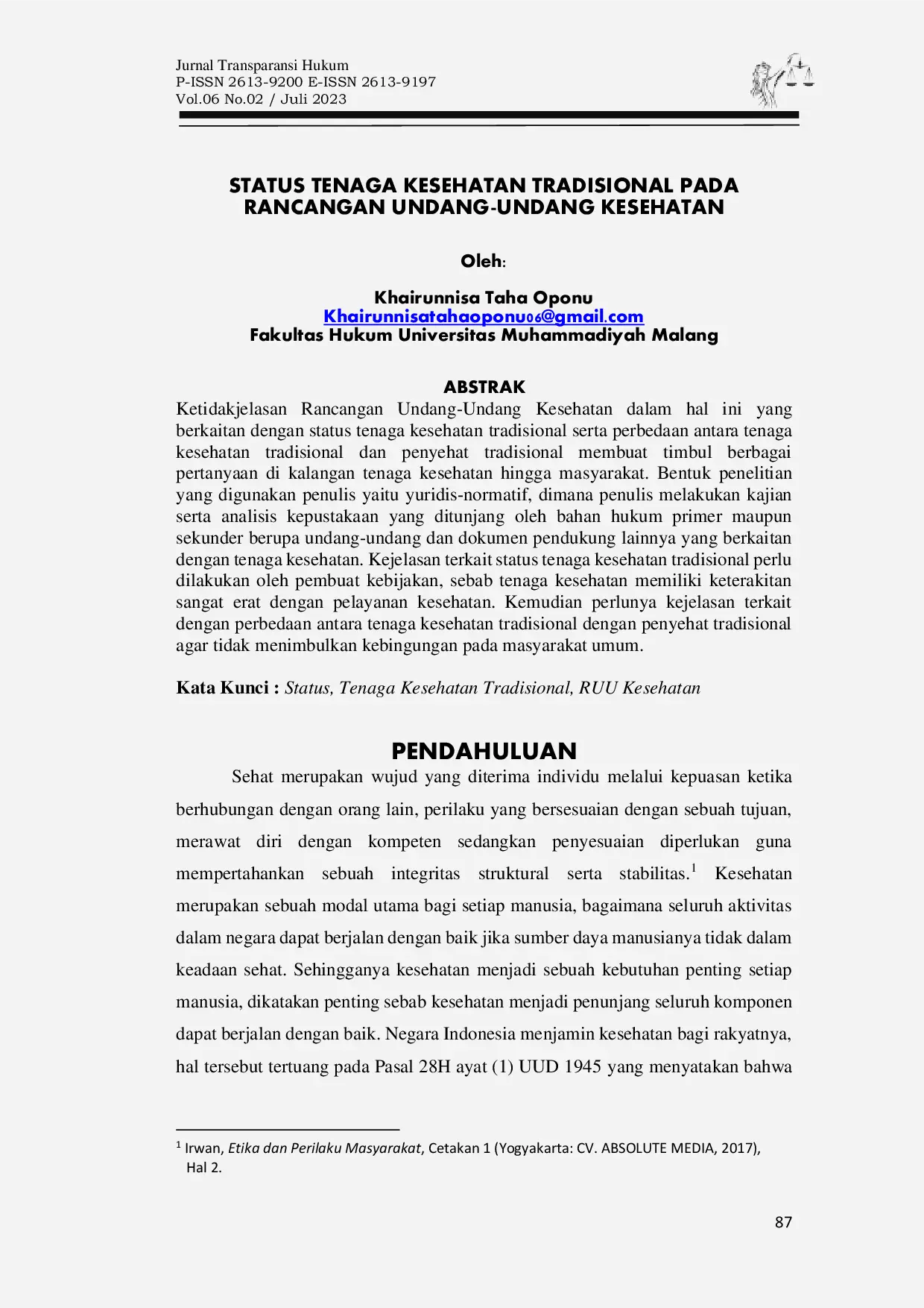 JURIS Status Tenaga Kesehatan Tradisional Pada Rancangan Undang Undang Kesehatan
