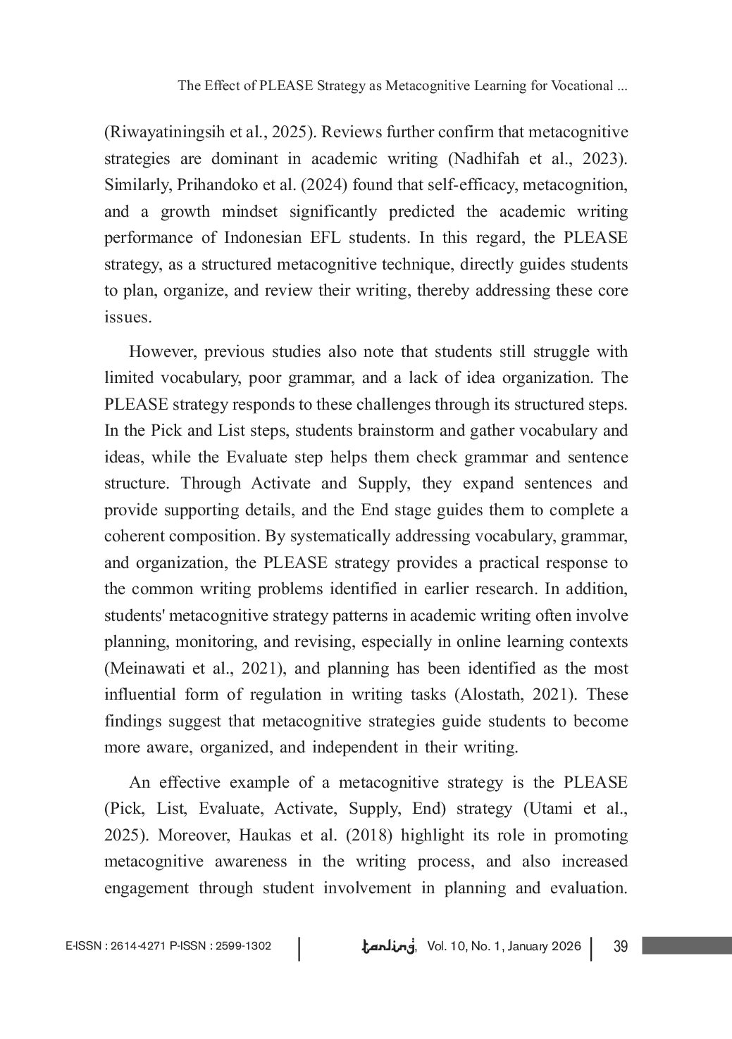 JURIS The Effect of PLEASE Strategy as Metacognitive Learning for Improving Vocational Students Writing Skill