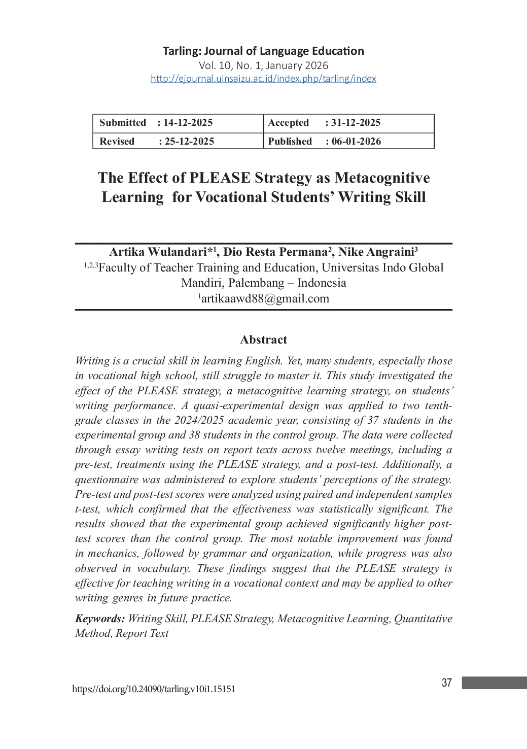 JURIS The Effect of PLEASE Strategy as Metacognitive Learning for Improving Vocational Students Writing Skill