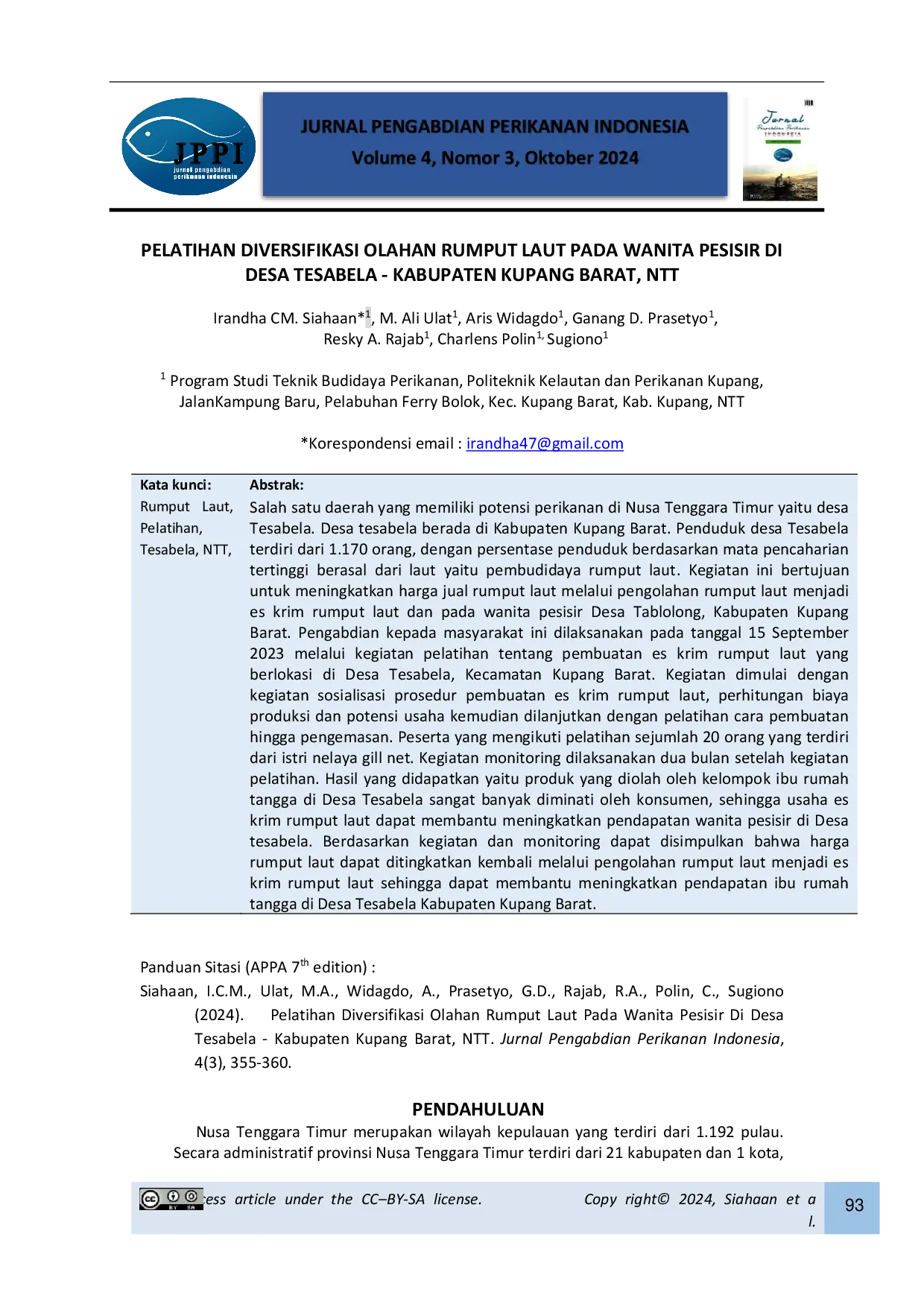 JURIS Pelatihan Diversifikasi Olahan Rumput Laut Pada Wanita Pesisir Di Desa Tesabela Kabupaten Kupang Barat NTT