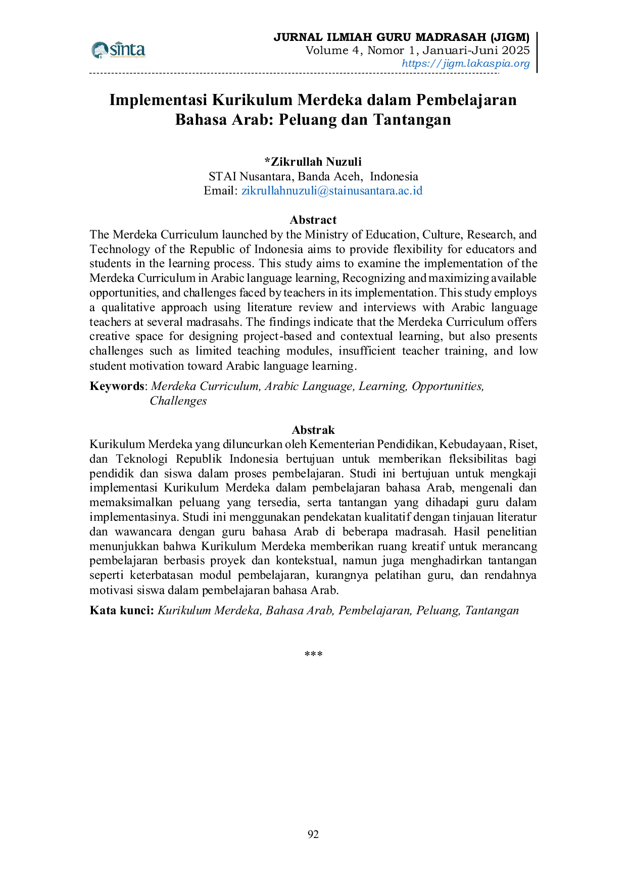JURIS Implementasi Kurikulum Merdeka dalam Pembelajaran Bahasa Arab Peluang dan Tantangan