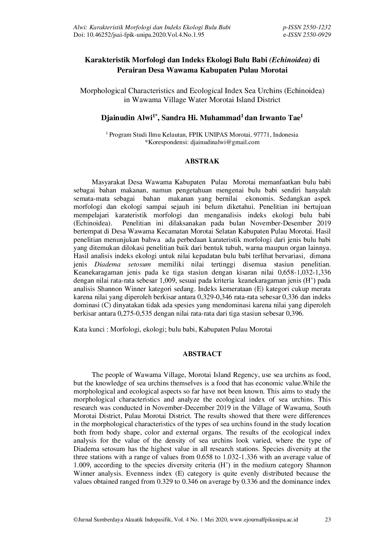 JURIS Karakteristik Morfologi dan Indeks Ekologi Bulu Babi Echinoidea di Perairan Desa Wawama Kabupaten Pulau Morotai