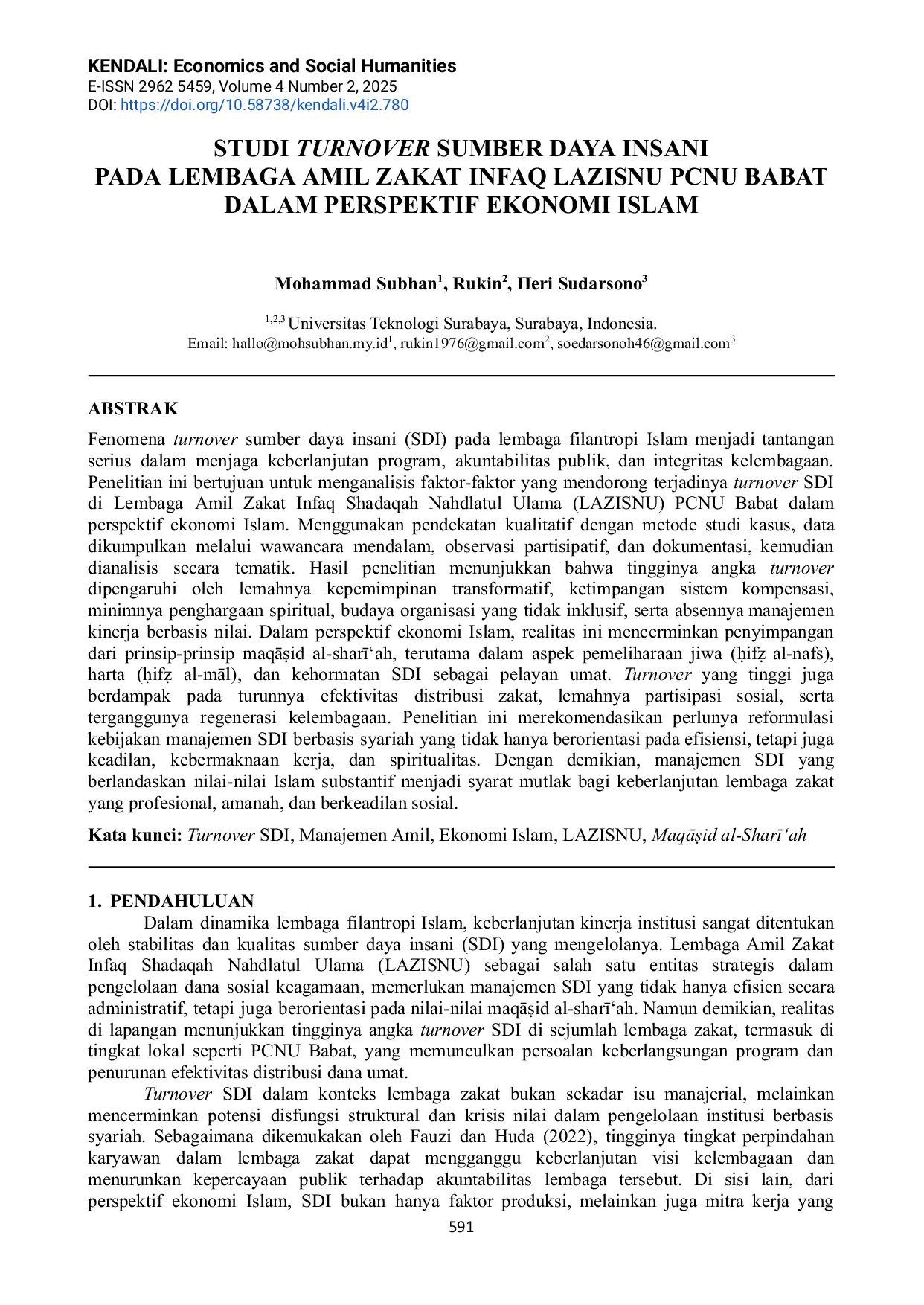 JURIS Studi Turnover Sumber Daya Insani Pada Lembaga Amil Zakat Infaq LAZISNU PCNU Babat Dalam Perspektif Ekonomi Islam