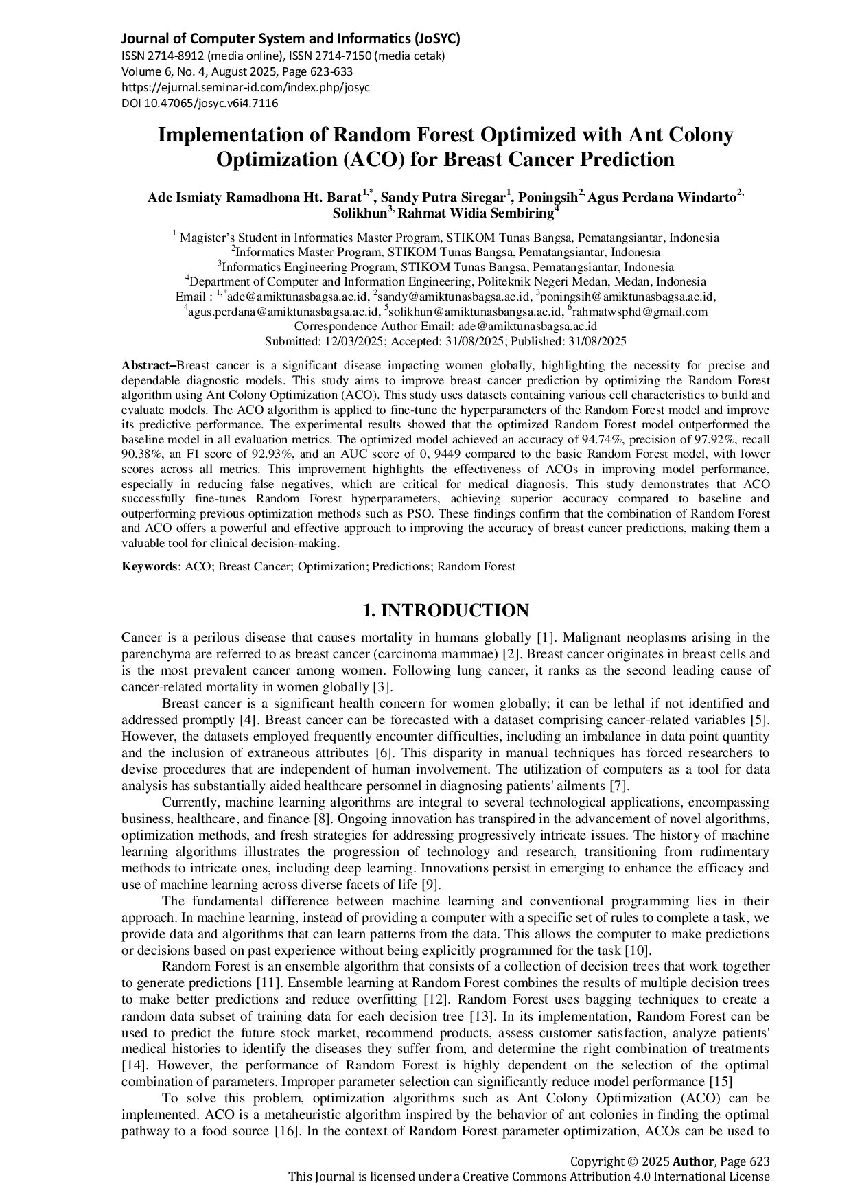 JURIS Implementation of Random Forest Optimized with Ant Colony Optimization ACO for Breast Cancer Prediction