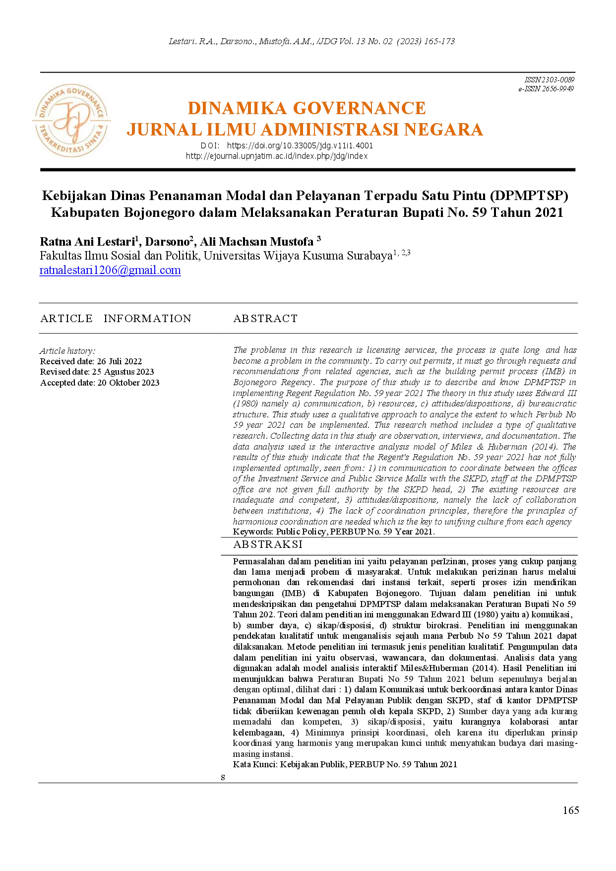 juris Kebijakan Dinas Penanaman Modal dan Pelayanan Terpadu Satu Pintu DPMPTSP Kabupaten Bojonegoro dalam Melaksanakan Peraturan Bupati No 59 Tahun 2021