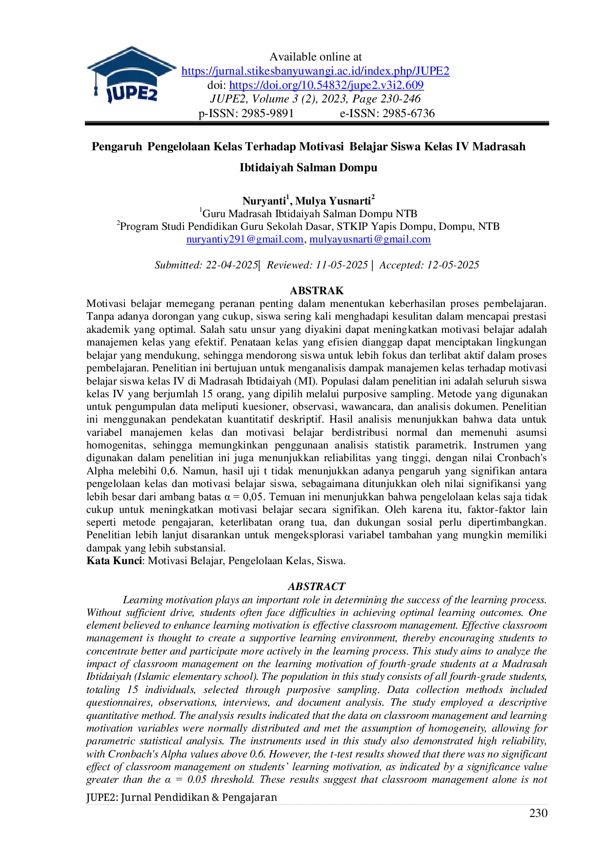 JURIS Pengaruh Pengelolaan Kelas Terhadap Motivasi Belajar Siswa Kelas IV Madrasah Ibtidaiyah Salman Dompu