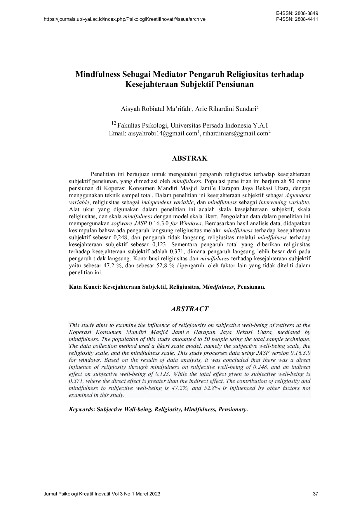 JURIS Mindfulness Sebagai Mediator Pengaruh Religiusitas terhadap Kesejahteraan Subjektif Pensiunan