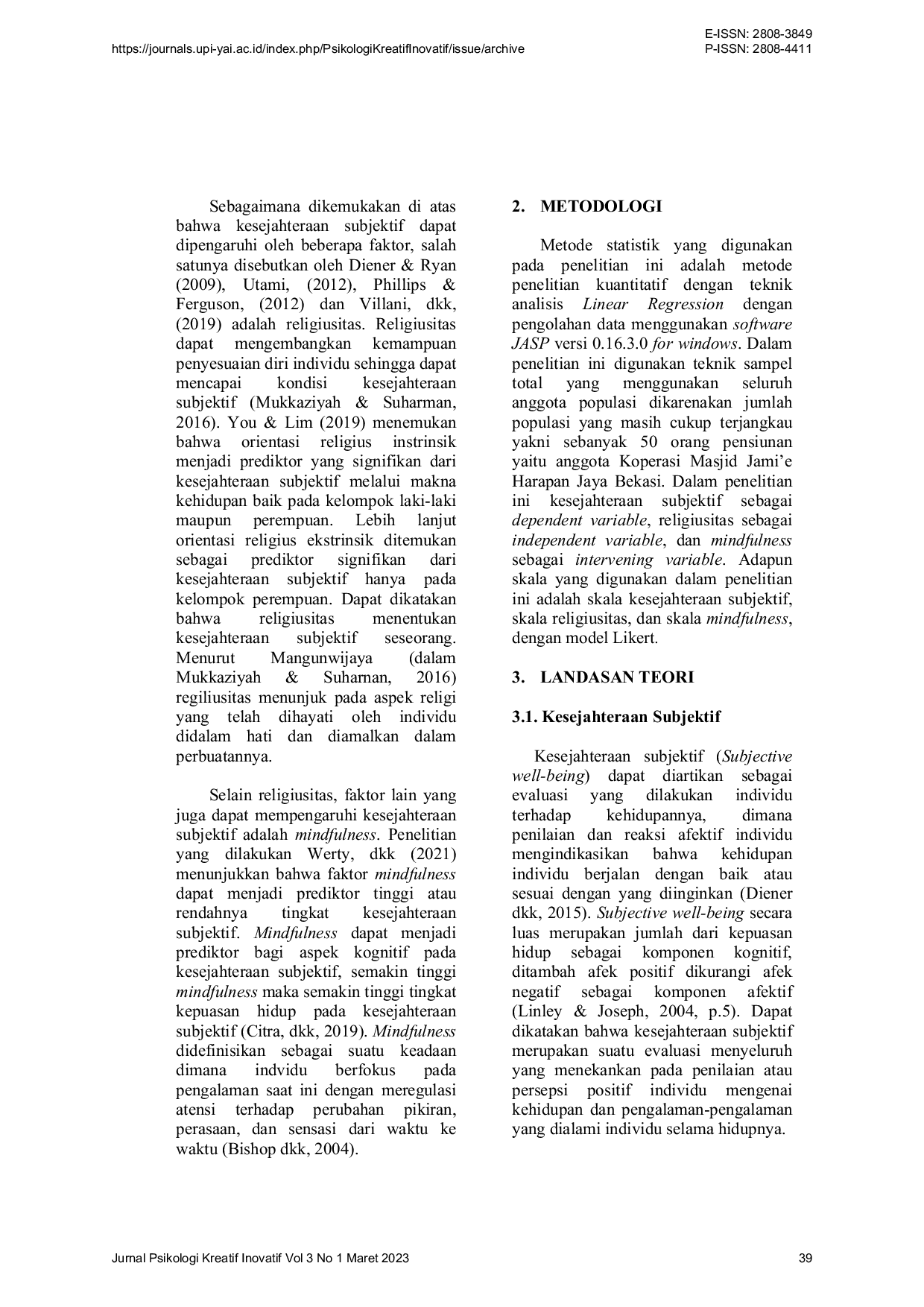 JURIS Mindfulness Sebagai Mediator Pengaruh Religiusitas terhadap Kesejahteraan Subjektif Pensiunan