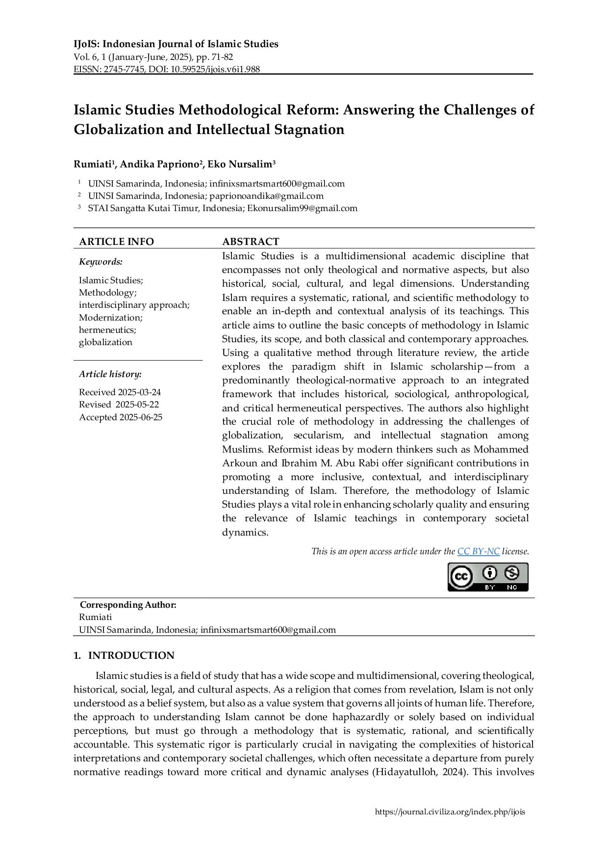 JURIS Islamic Studies Methodological Reform Answering the Challenges of Globalization and Intellectual Stagnation