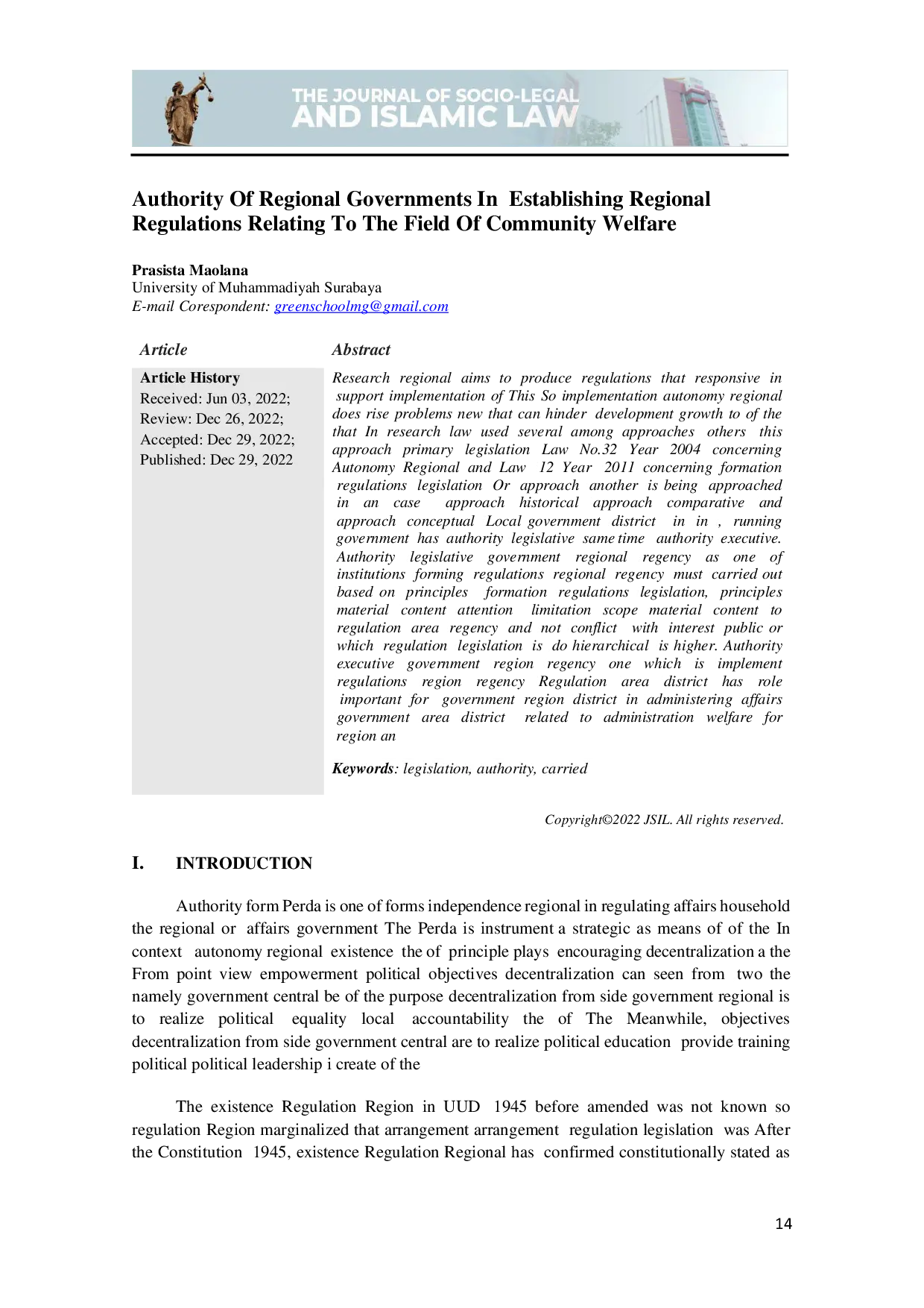 JURIS Authority Of Regional Governments In Establishing Regional Regulations Relating To The Field Of Community Welfare