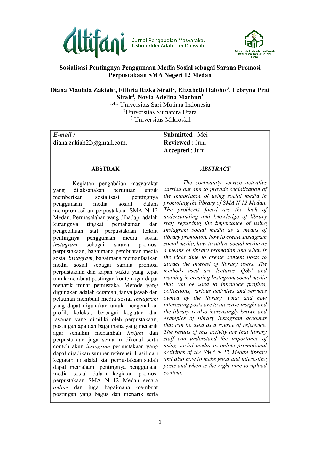 JURIS Sosialisasi Pentingnya Penggunaan Media Sosial Sebagai Sarana Promosi Perpustakaan SMA Negeri 12 Medan