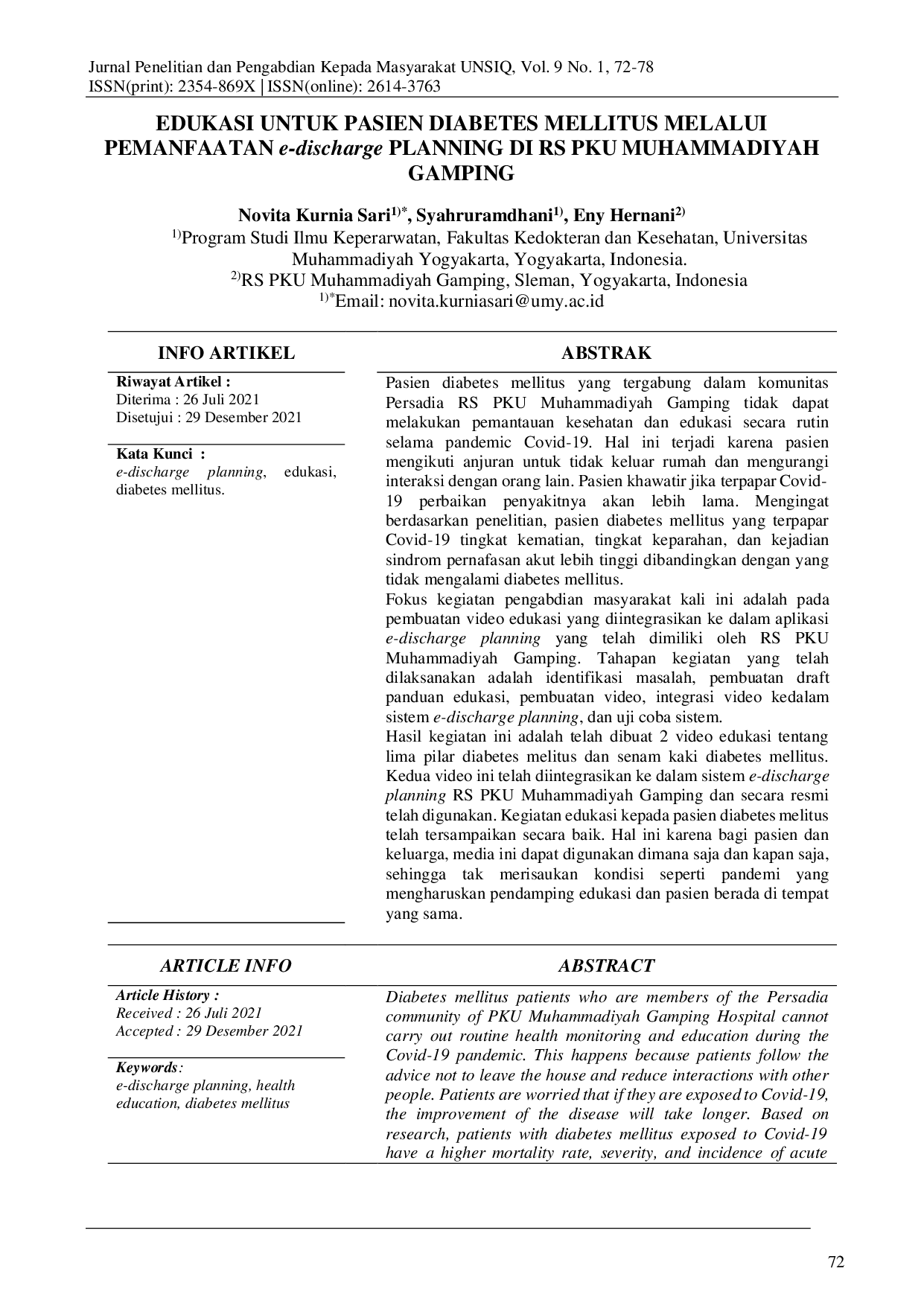 juris Edukasi Untuk Pasien Diabetes Mellitus Melalui Pemanfaatan E Discharge Planning Di Rs Pku Muhammadiyah Gamping