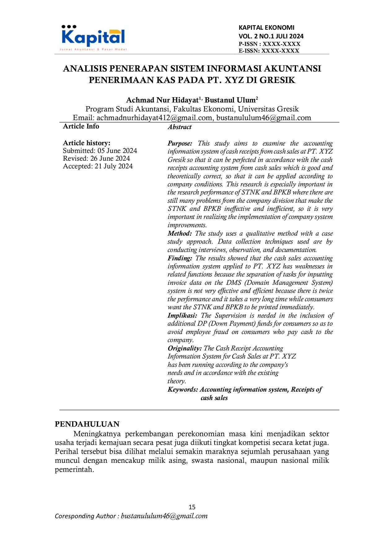 JURIS Analisis Penerapan Sistem Informasi Akuntansi Penerimaan Kas Pada PT XYZ di Gresik