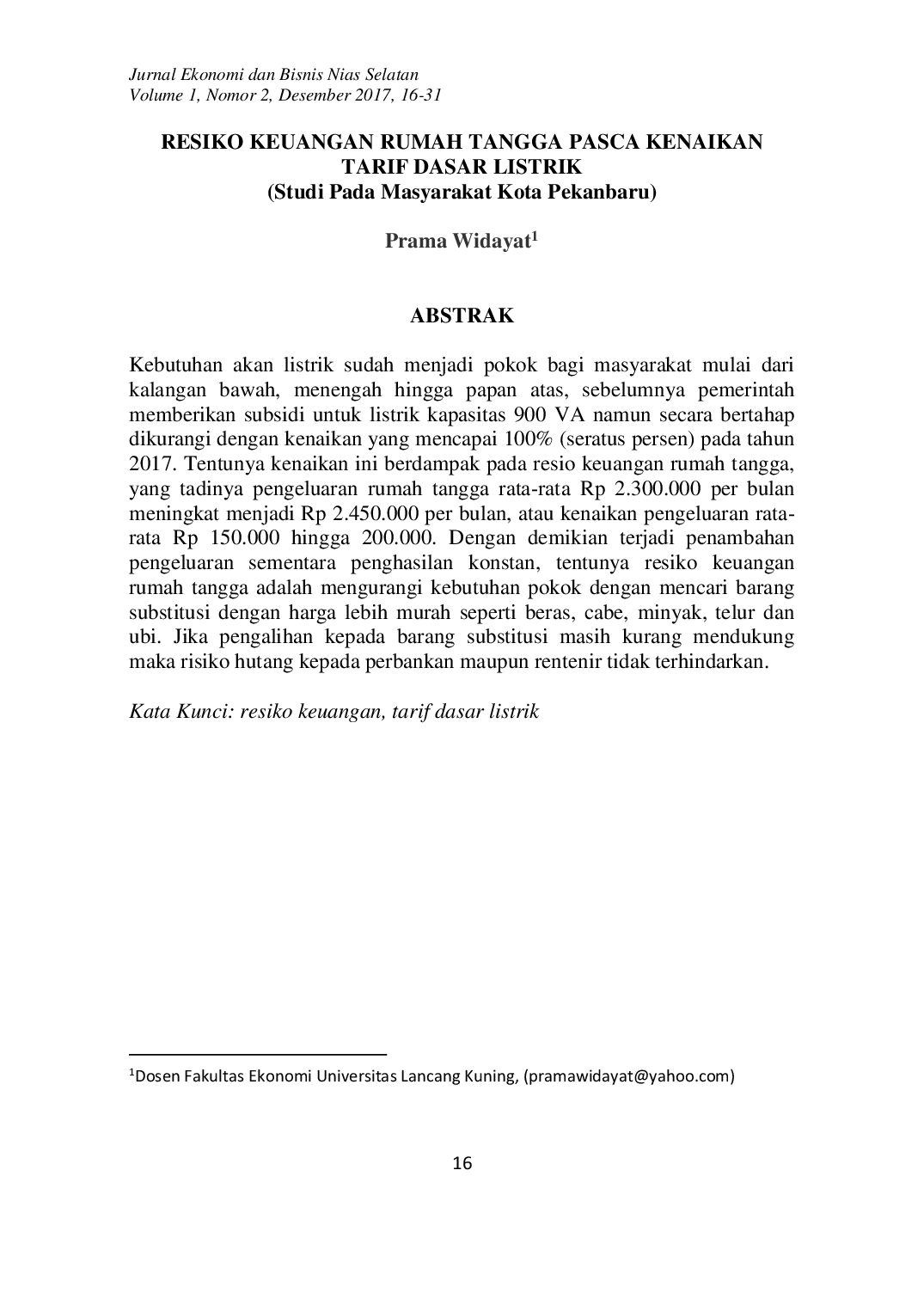 JURIS Prama Widayat Resiko Keuangan Rumah Tangga Pasca Kenaikan Tarif Dasar Listrik