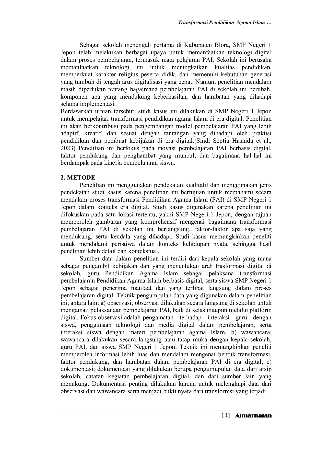 JURIS Transformasi Pendidikan Agama Islam di Era Digital Studi Kasus di SMP N 1 Jepon